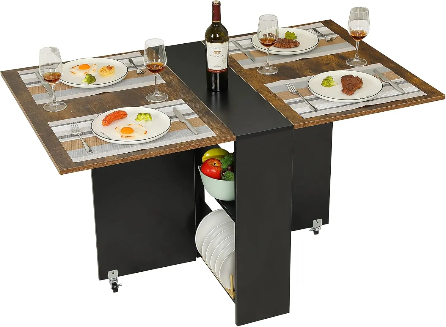 Tiptiper Folding Dining Table with 6 Wheels, Folding Kitchen Table with 2-Layer Storage Shelf, Space Saving Dining Table for Small Apartment, Rustic Brown and Black