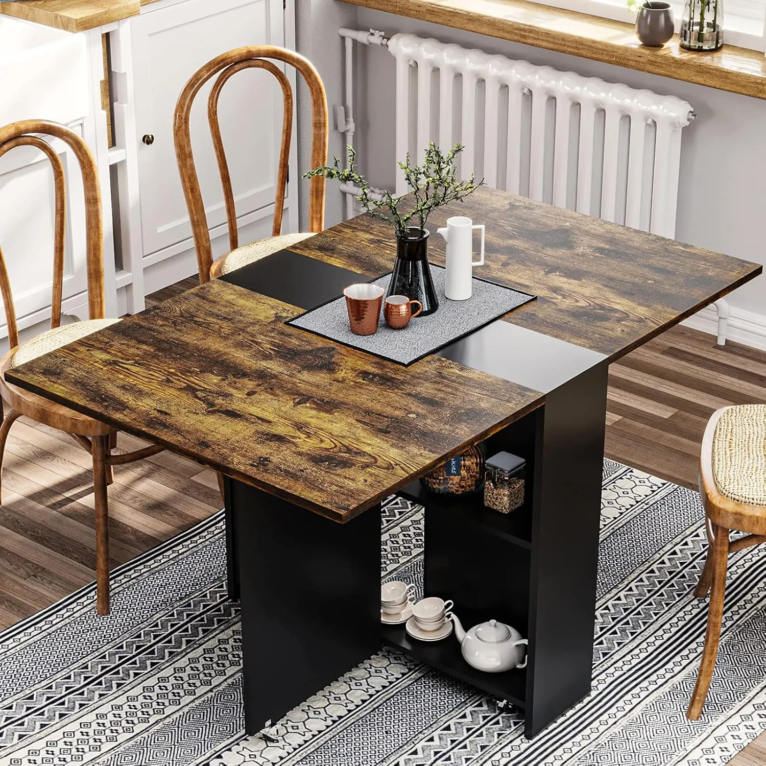 Tiptiper Folding Dining Table with 6 Wheels, Folding Kitchen Table with 2-Layer Storage Shelf, Space Saving Dining Table for Small Apartment, Rustic Brown and Black