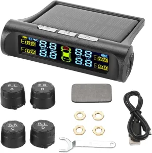 Tire Pressure Monitoring System Wireless Solar Power and USB Charger Monitor, Colorful LCD Display, TPMS with 4 Sensors & 5 Alarm Modes, Real-time Monitoring Pressure and Temperature for Car RV SUV