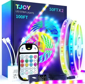 TJOY 100ft Kids LED Strip Lights with 20 Key Child Remote, Multi-Color RGB Rope Lighting, Color Changing LED Light Strip for Bedroom, Tape Lighting for Room Decor Aesthetic, TV, DIY(50ft*2)