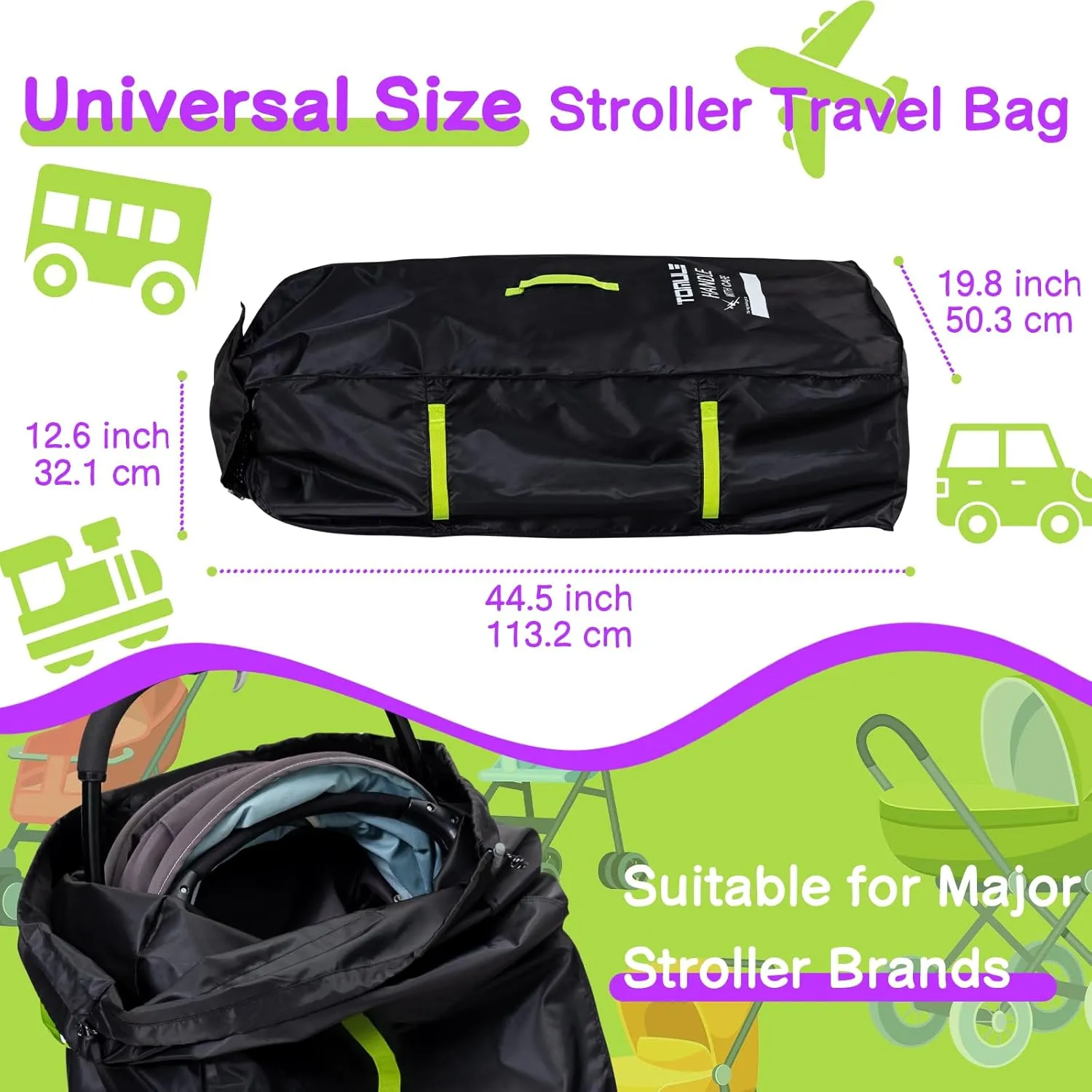 TOMULE Waterproof Gate Check Stroller Bag for Airplane Travel - XL Size, Padded for Double Stroller - Fits All - (Black)