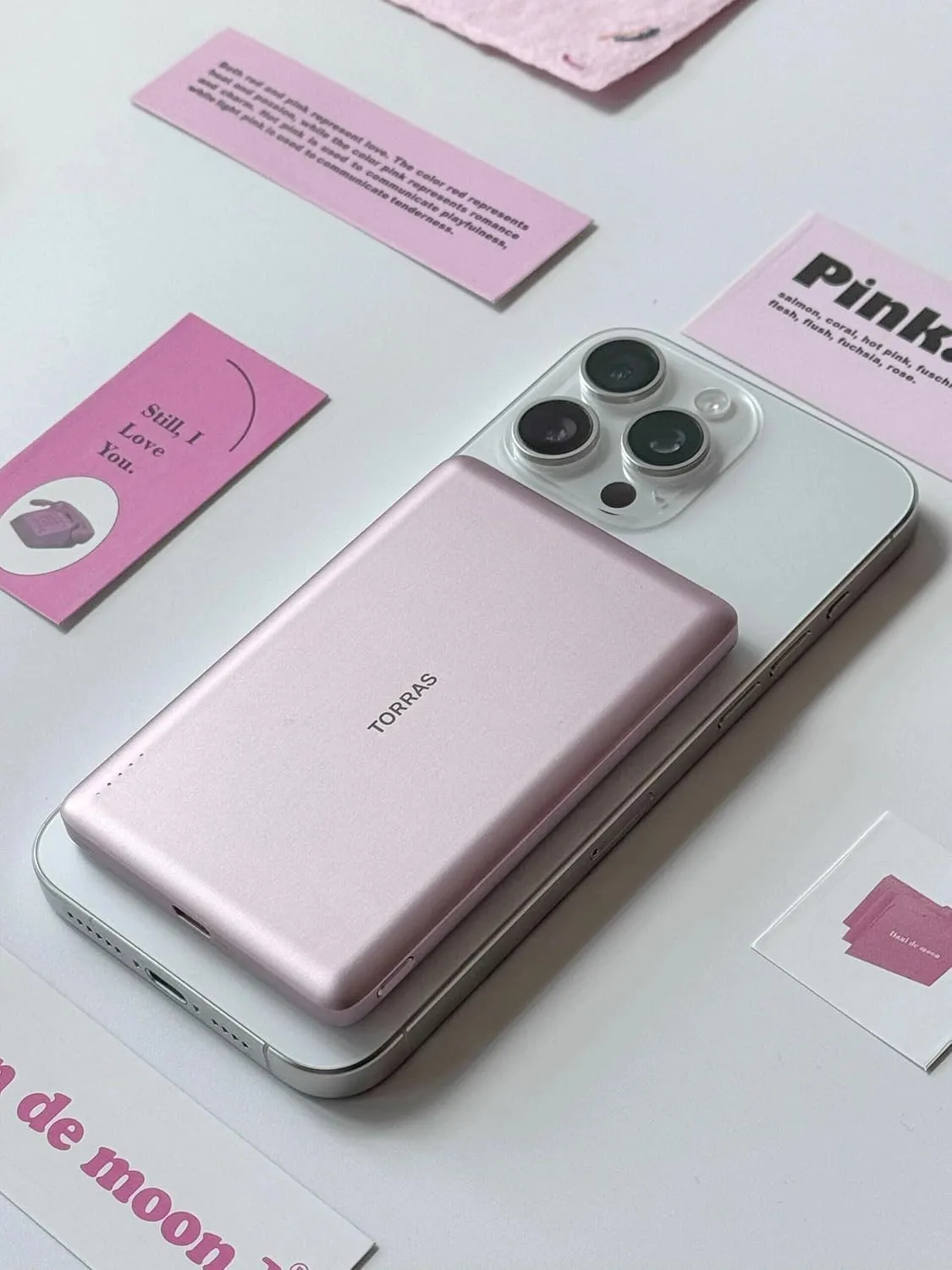 TORRAS MiniMag Power Bank, Ultra Slim 5,000mAh Wireless Portable Charger with USB-C Cable, Fast Charging Magnetic Battery Pack, Magsafe-Compatible for iPhone 16/15/14/13/12, Azalea Pink