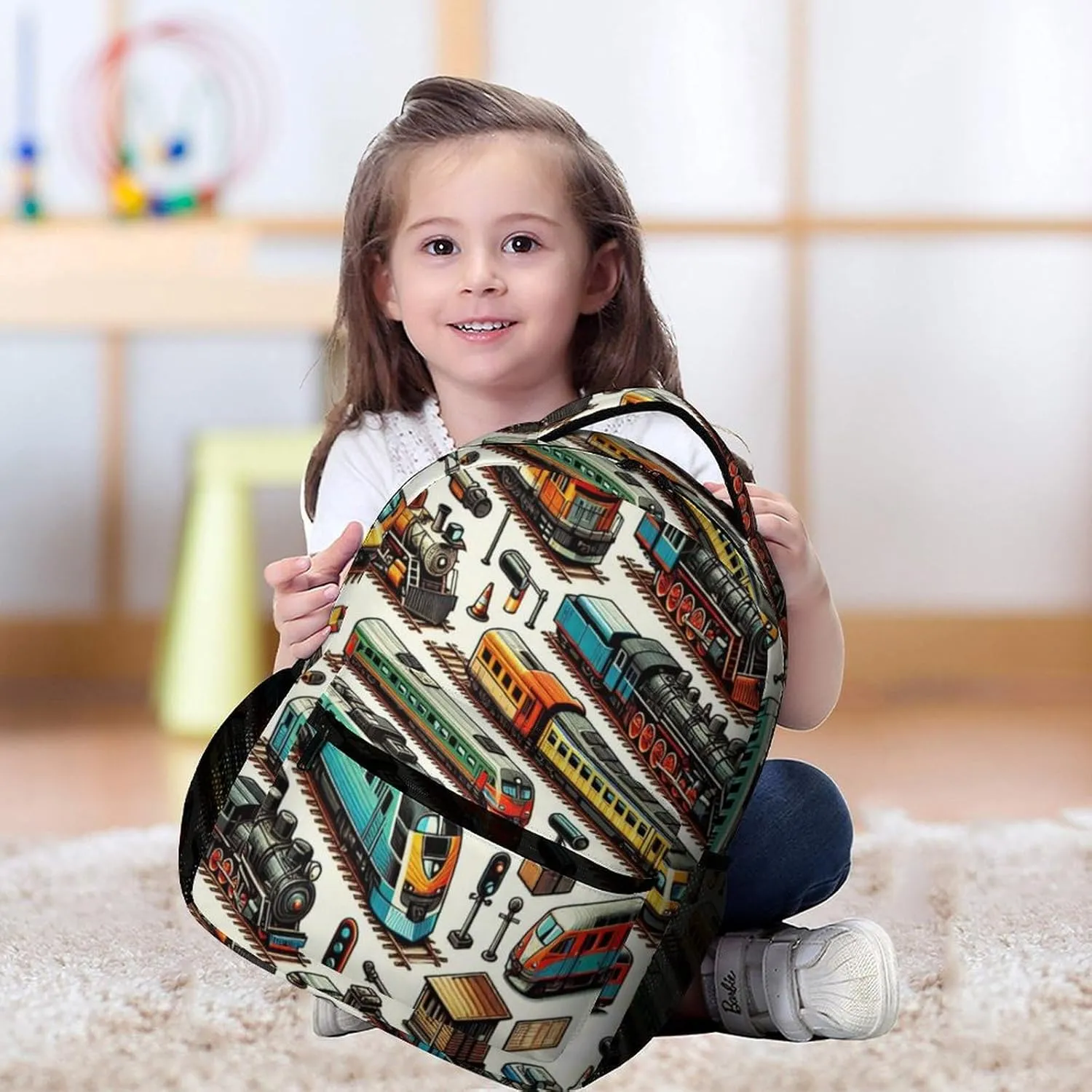 Train Backpack for Kids Girls Boys School, 16 Inches Cool Train Theme Bookbag, Adjustable, Lightweight, Large Capacity, Colorful Backpack for School