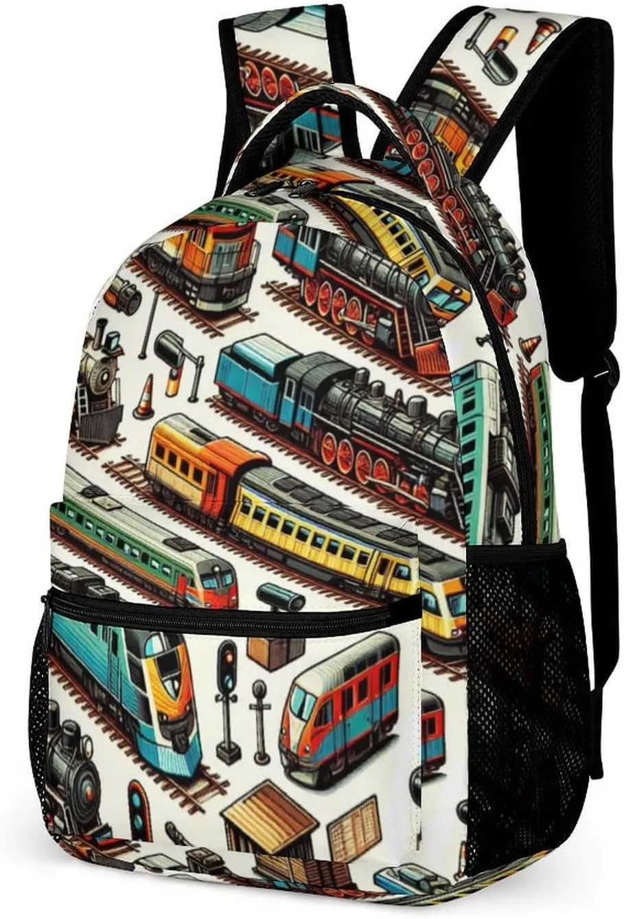 Train Backpack for Kids Girls Boys School, 16 Inches Cool Train Theme Bookbag, Adjustable, Lightweight, Large Capacity, Colorful Backpack for School