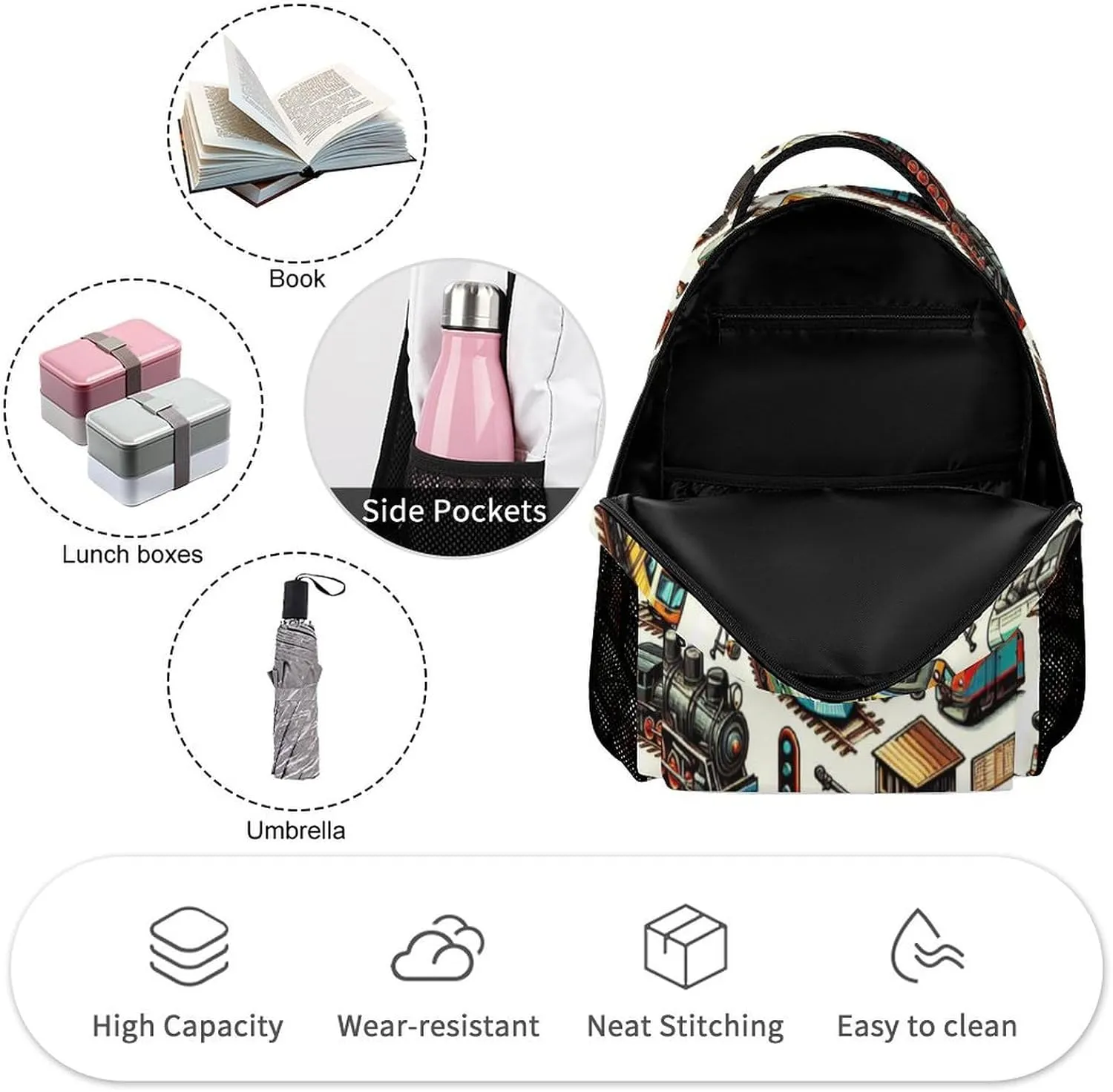 Train Backpack for Kids Girls Boys School, 16 Inches Cool Train Theme Bookbag, Adjustable, Lightweight, Large Capacity, Colorful Backpack for School