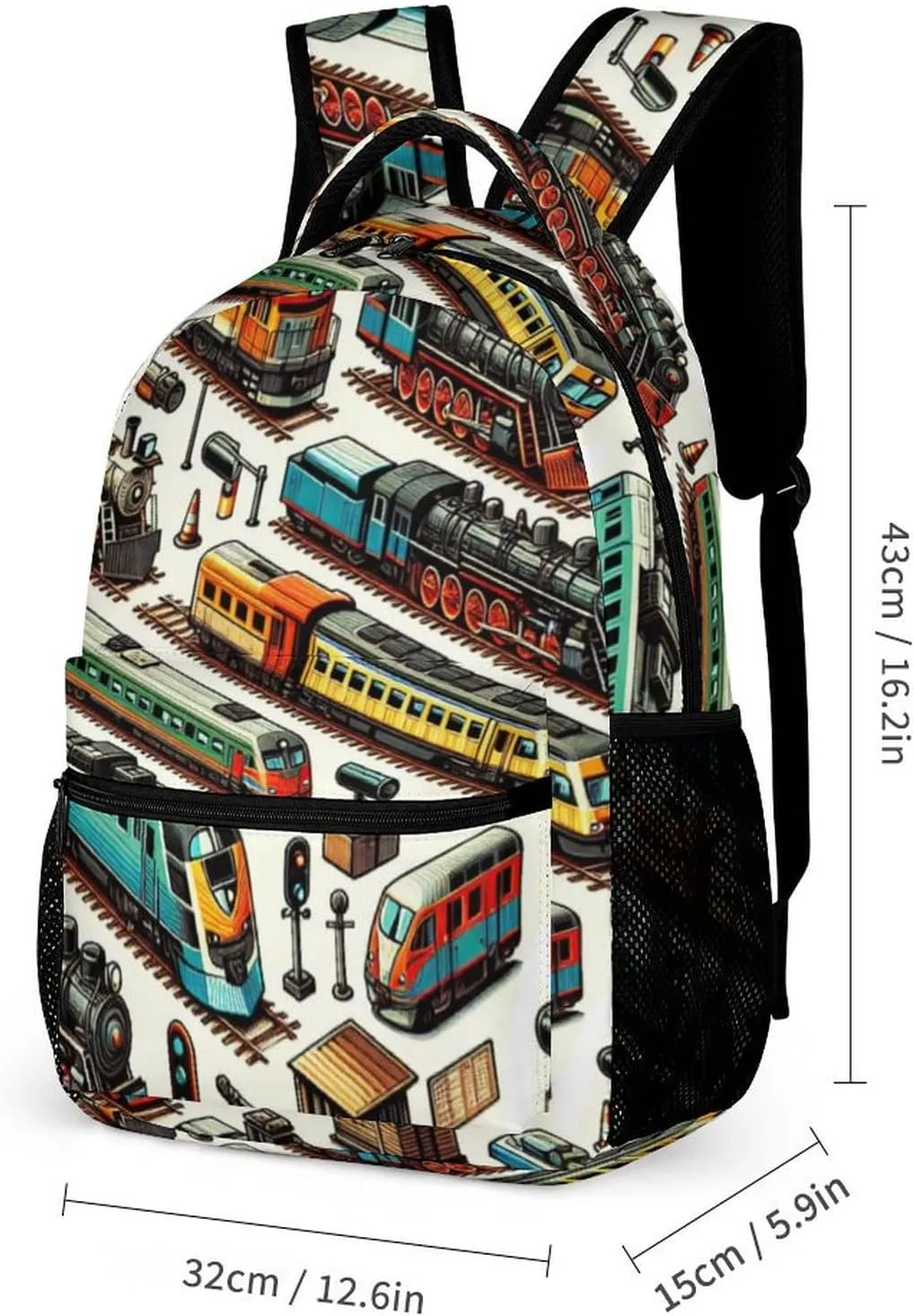 Train Backpack for Kids Girls Boys School, 16 Inches Cool Train Theme Bookbag, Adjustable, Lightweight, Large Capacity, Colorful Backpack for School