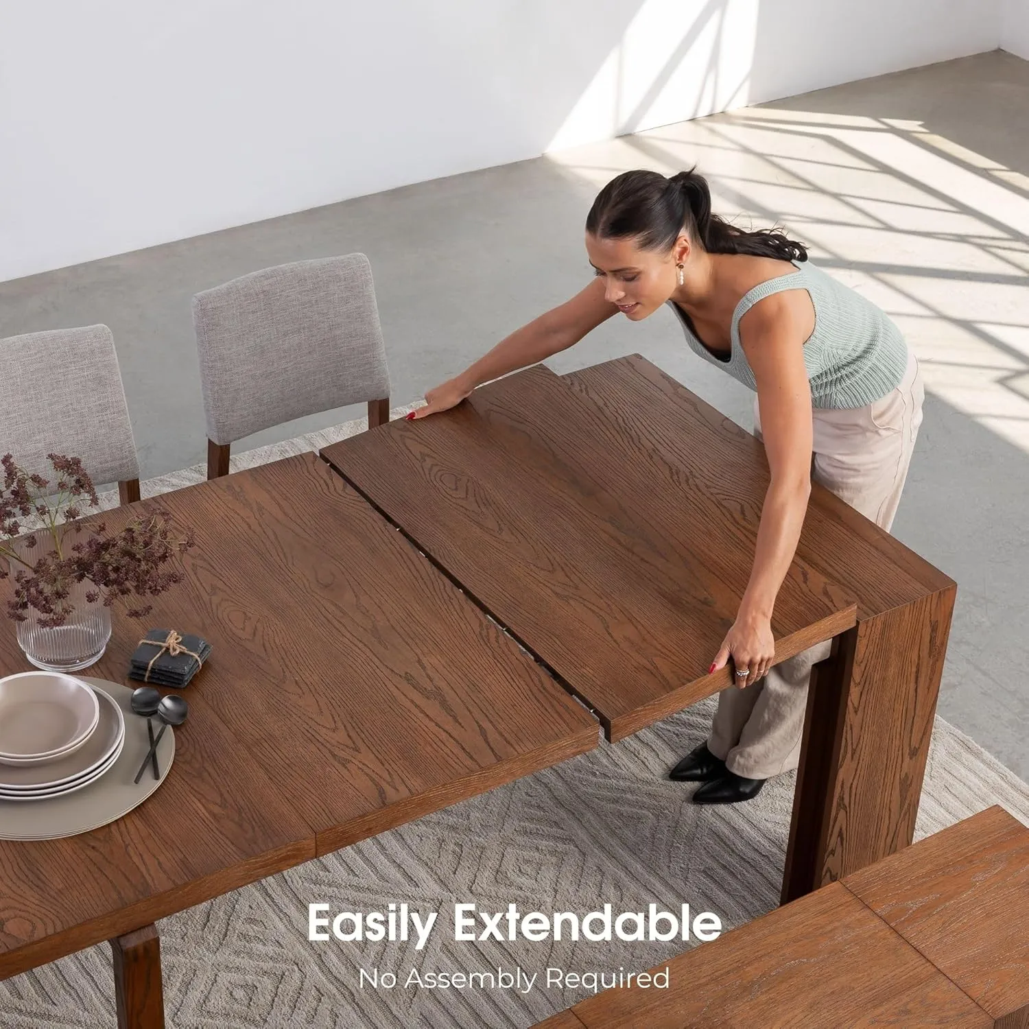 Transformer Table Expandable Dining Table Set for 4 to 12, Kitchen Table and Chairs Set of 4 & Dining Bench, Extendable Dining Room Table, Stackable Chairs & Wood Bench
