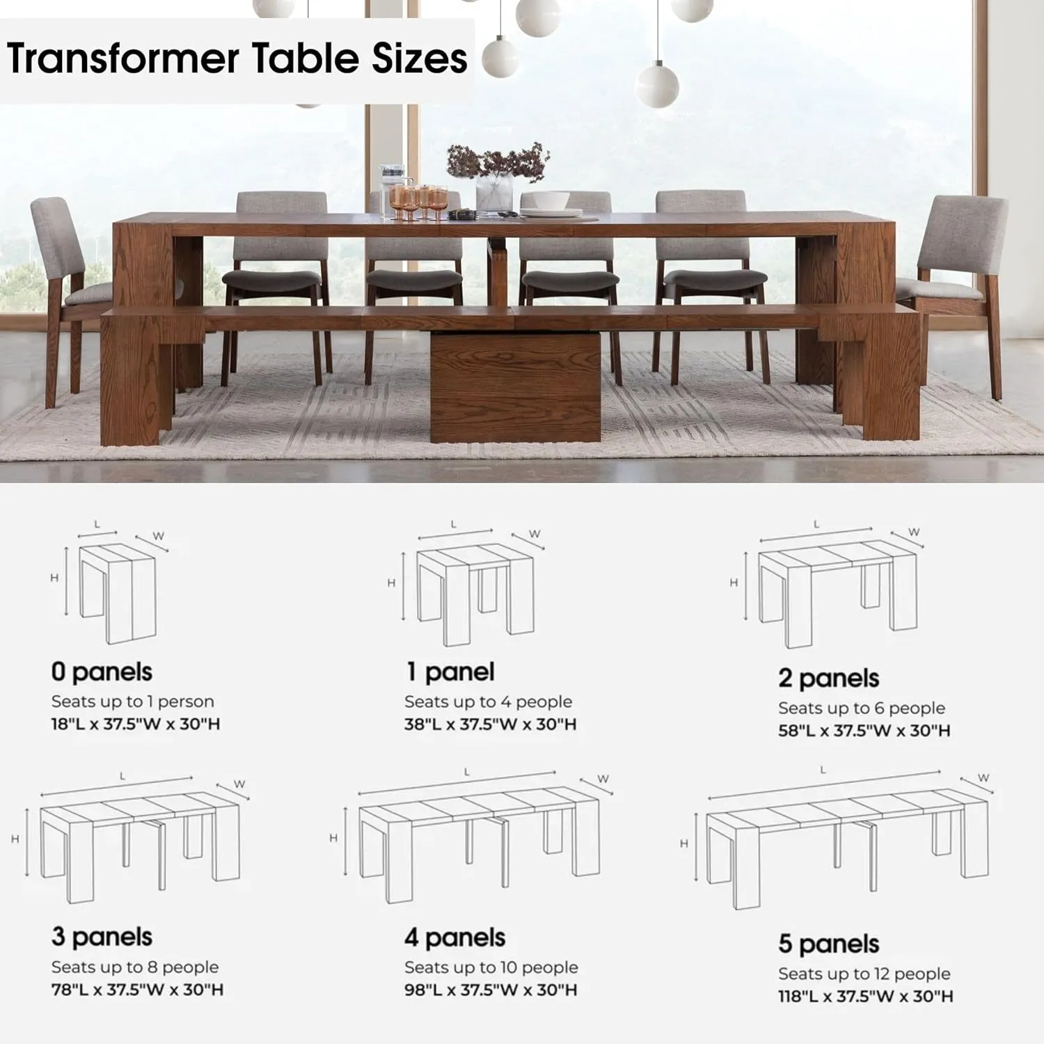 Transformer Table Expandable Dining Table Set for 4 to 12, Kitchen Table and Chairs Set of 4 & Dining Bench, Extendable Dining Room Table, Stackable Chairs & Wood Bench