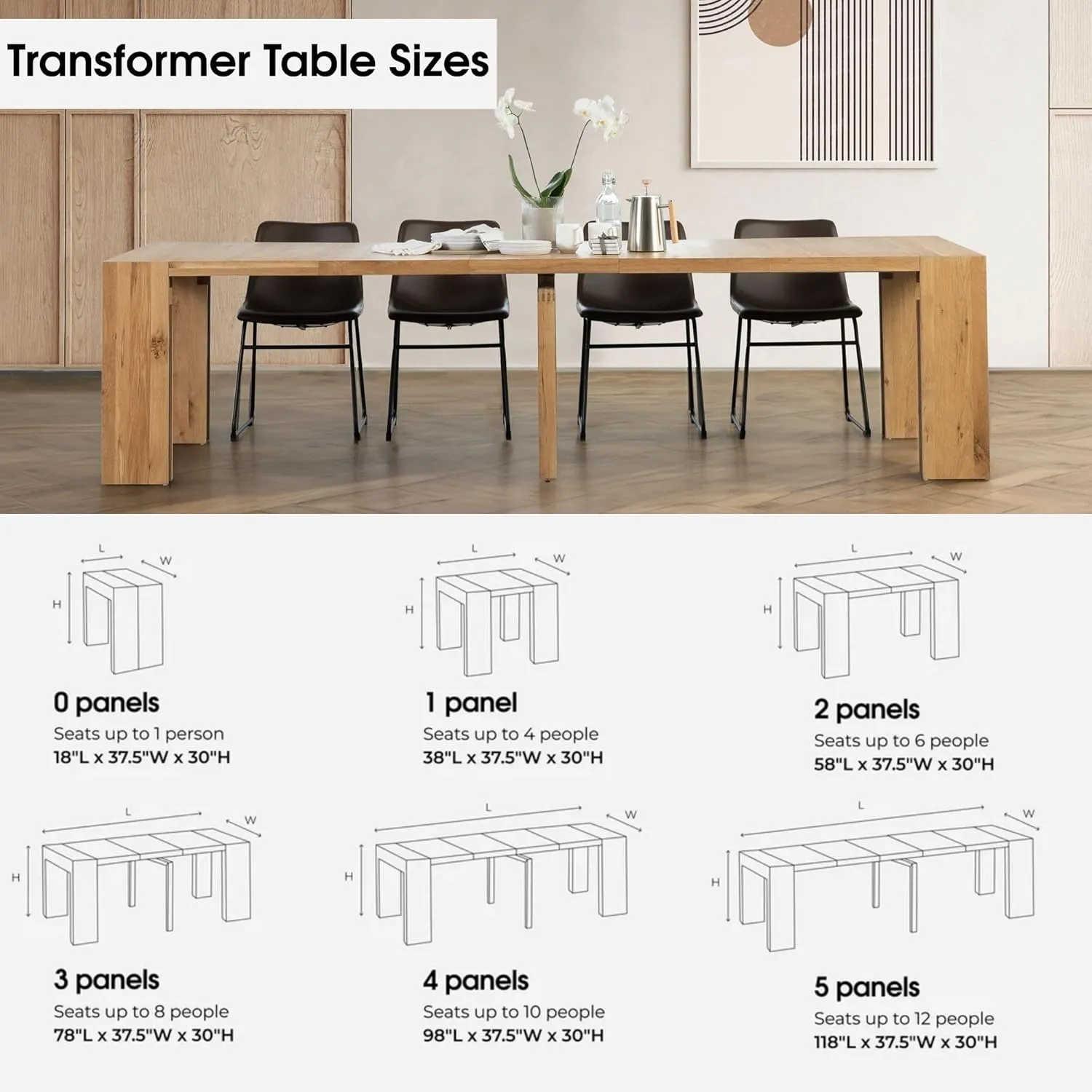 Transformer Table Extendable Dining Room Table for 2 to 12, Solid Wood Kitchen and Dining Room Furniture, Space Saving Console Table, Sturdy & Durable Modern Dining Table