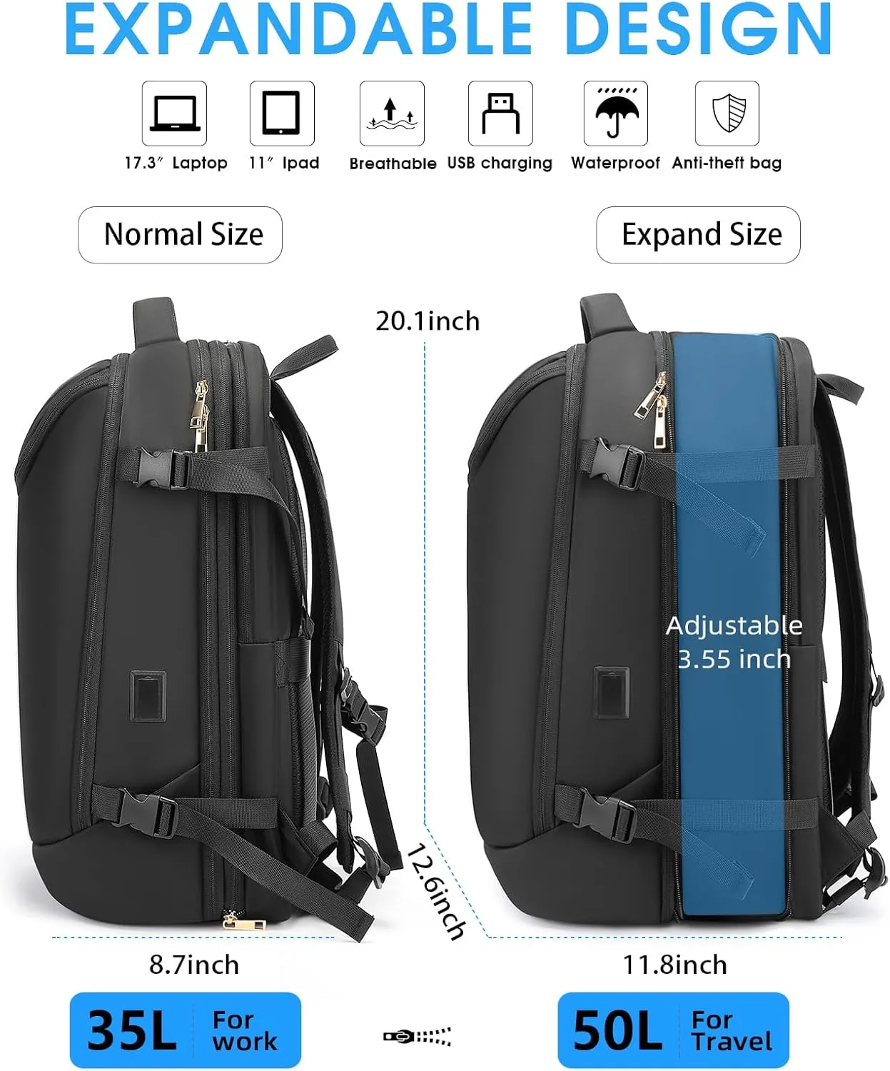 Travel Backpack for Women, 50L Extra Large Capacity Backpack with USB Charging Port, Expandable 17.3 inch Laptop Backpack Mochila Flight Approved, Casual Daypack for Weekender,Black