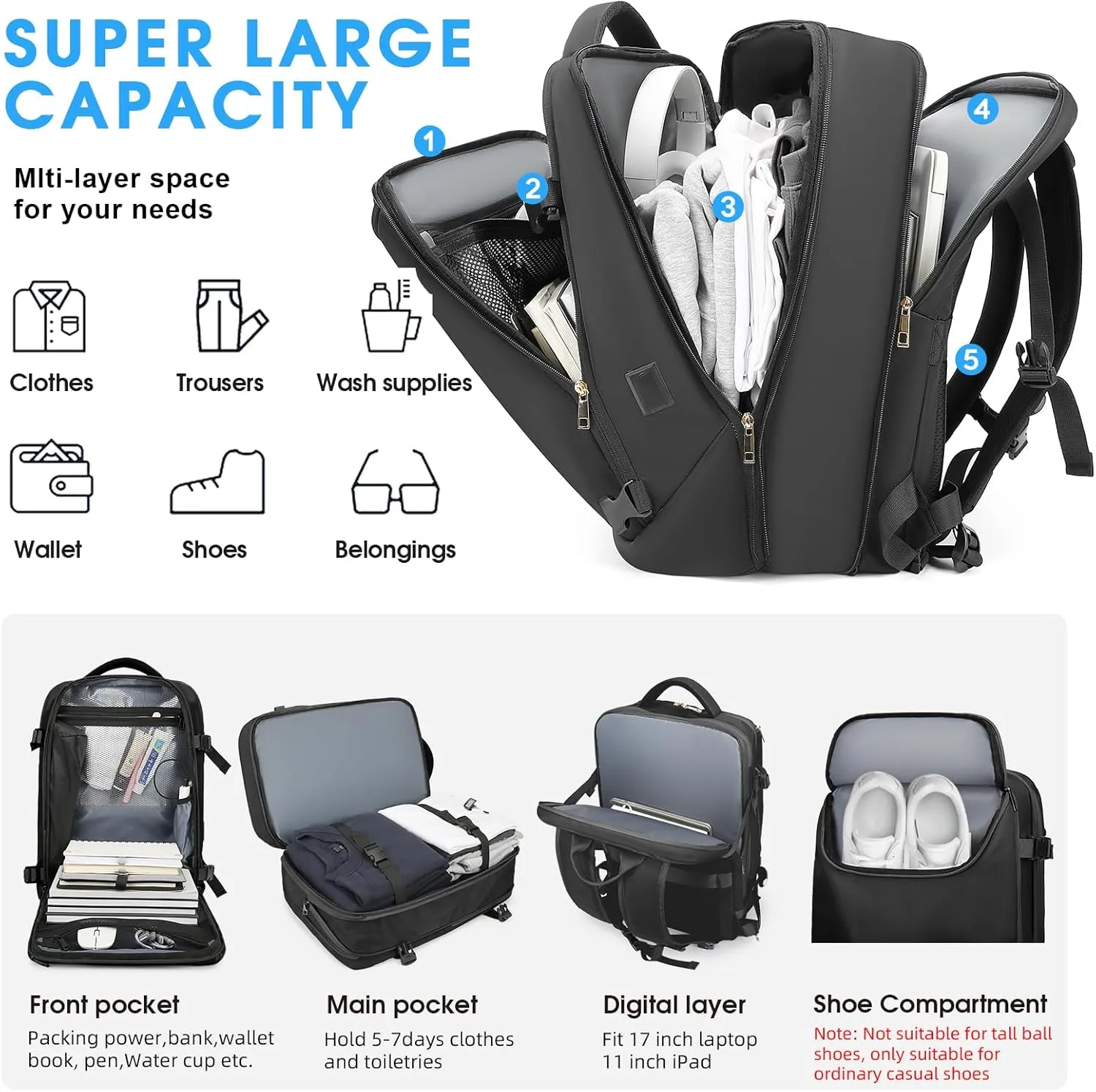 Travel Backpack for Women, 50L Extra Large Capacity Backpack with USB Charging Port, Expandable 17.3 inch Laptop Backpack Mochila Flight Approved, Casual Daypack for Weekender,Black