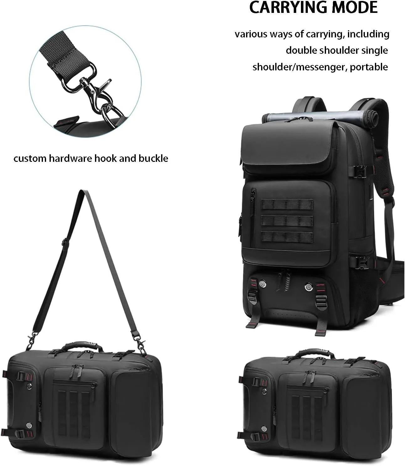 Travel Backpack, Large Capacity Carry On Backpack for Men Duffle Bags Trekking Water Resistant Outdoor Camping Daypack (black)