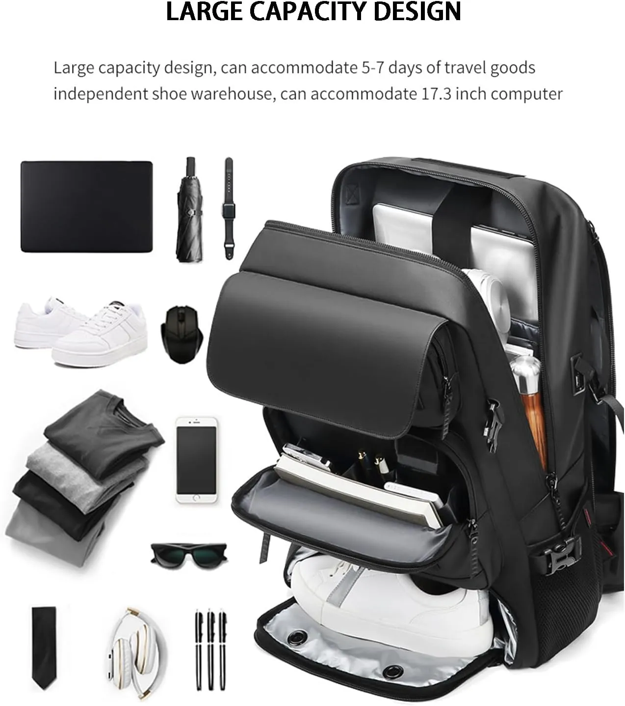 Travel Backpack, Large Capacity Carry On Backpack for Men Duffle Bags Trekking Water Resistant Outdoor Camping Daypack (black)