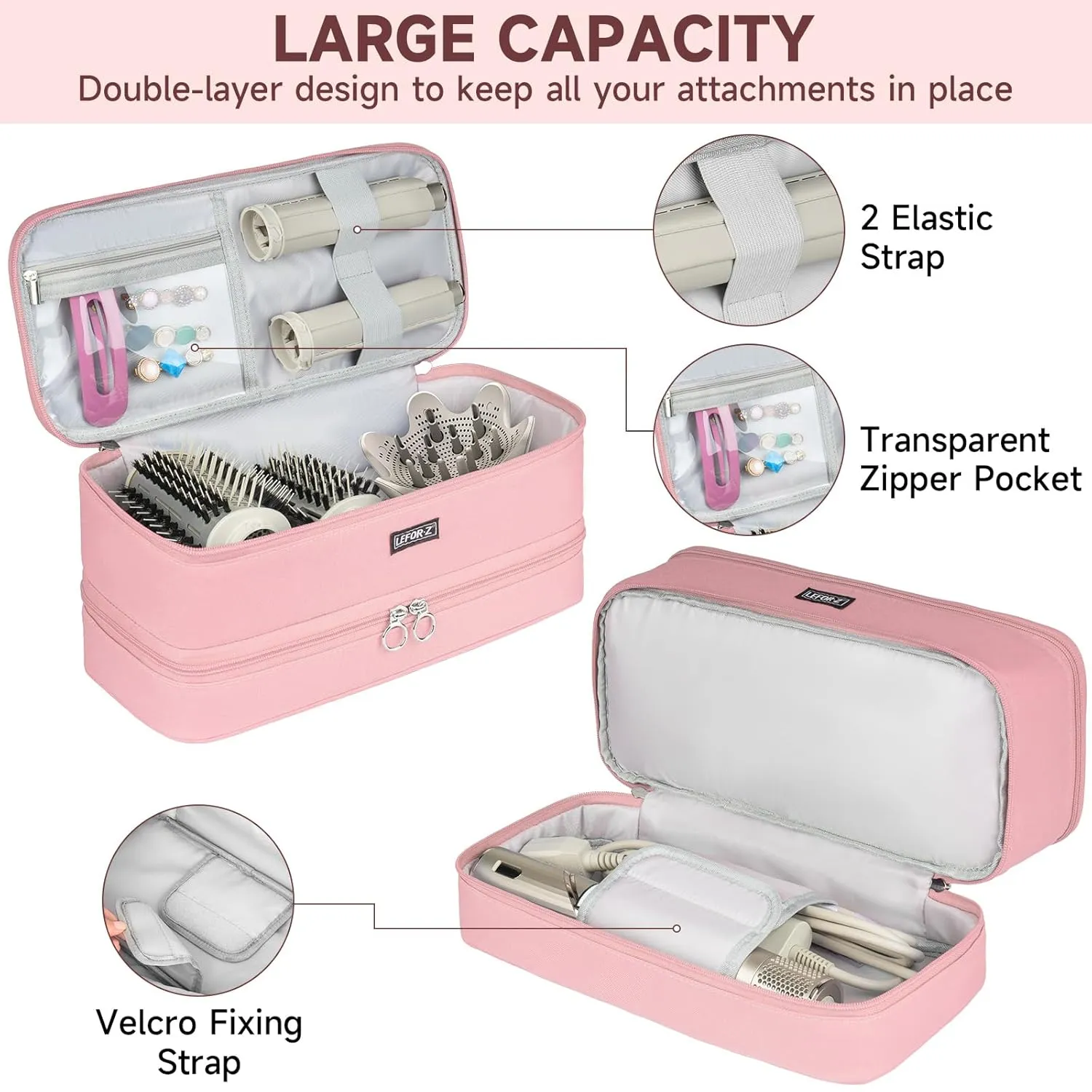 Travel Carrying Case Compatible with Shark Flexstyle Styler/Hair Dryer,Double-Layer Hair Hot Tools Storage Bag Compatible with Dyson Airwrap Styler/Supersonic Hair Dryer and Attachments,Pink(Bag Only)