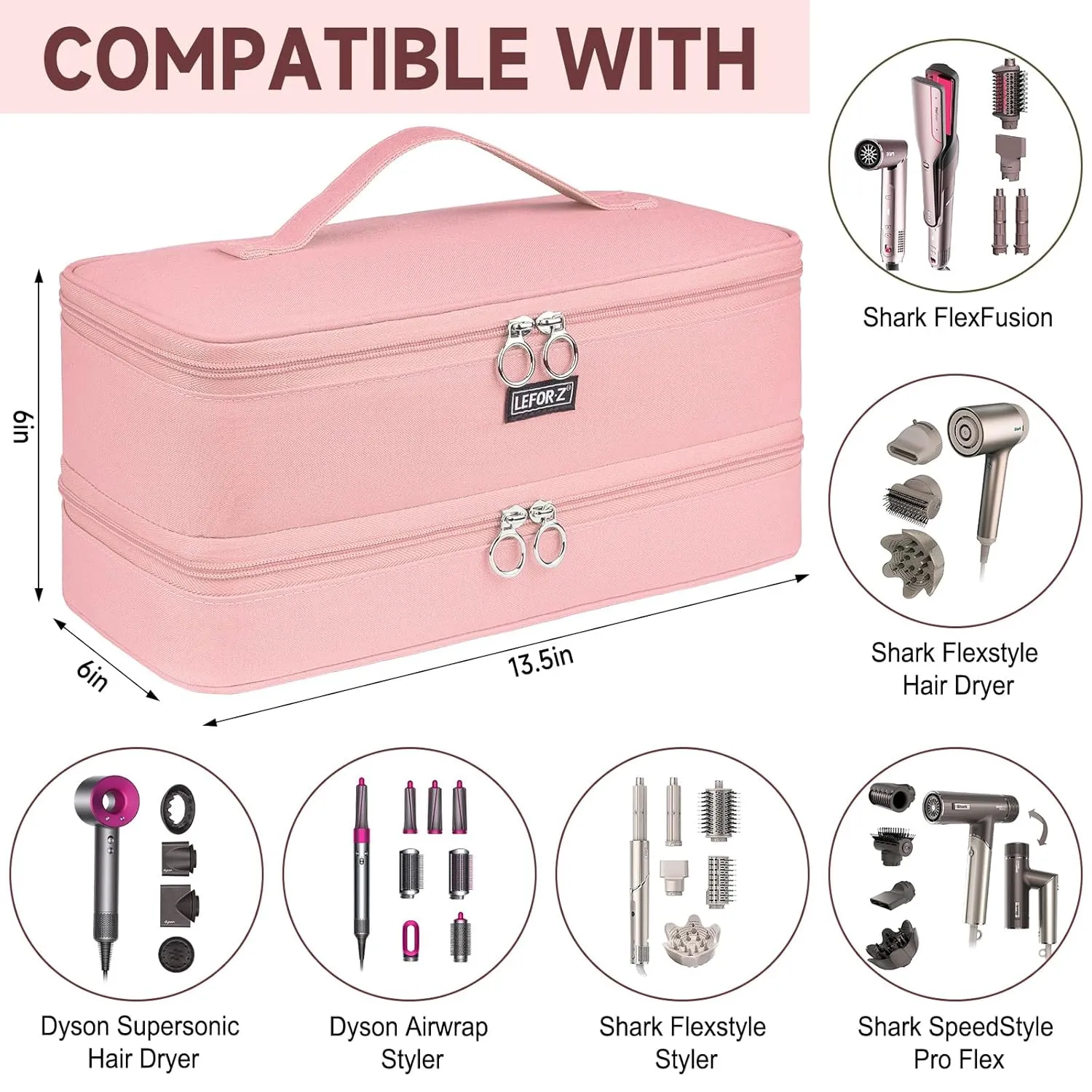 Travel Carrying Case Compatible with Shark Flexstyle Styler/Hair Dryer,Double-Layer Hair Hot Tools Storage Bag Compatible with Dyson Airwrap Styler/Supersonic Hair Dryer and Attachments,Pink(Bag Only)