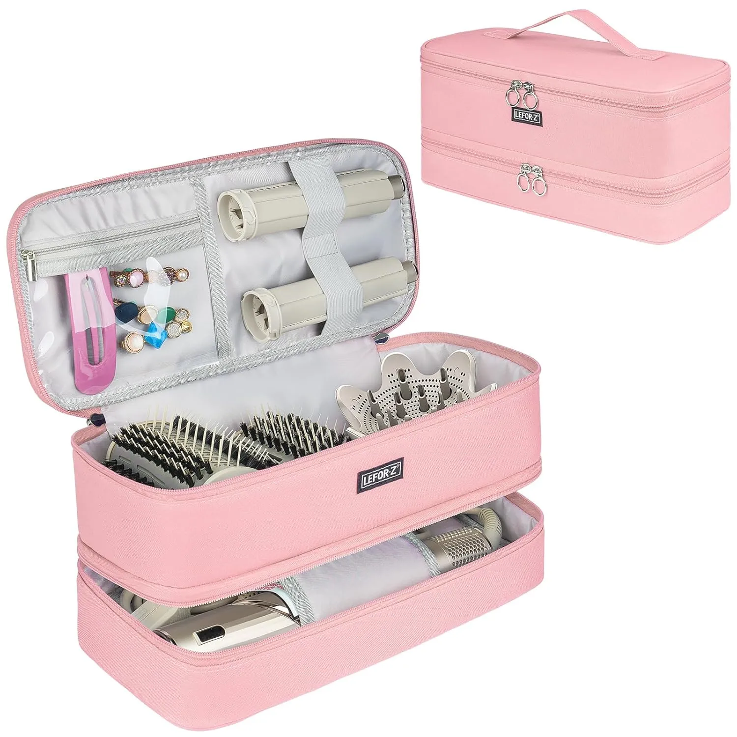 Travel Carrying Case Compatible with Shark Flexstyle Styler/Hair Dryer,Double-Layer Hair Hot Tools Storage Bag Compatible with Dyson Airwrap Styler/Supersonic Hair Dryer and Attachments,Pink(Bag Only)