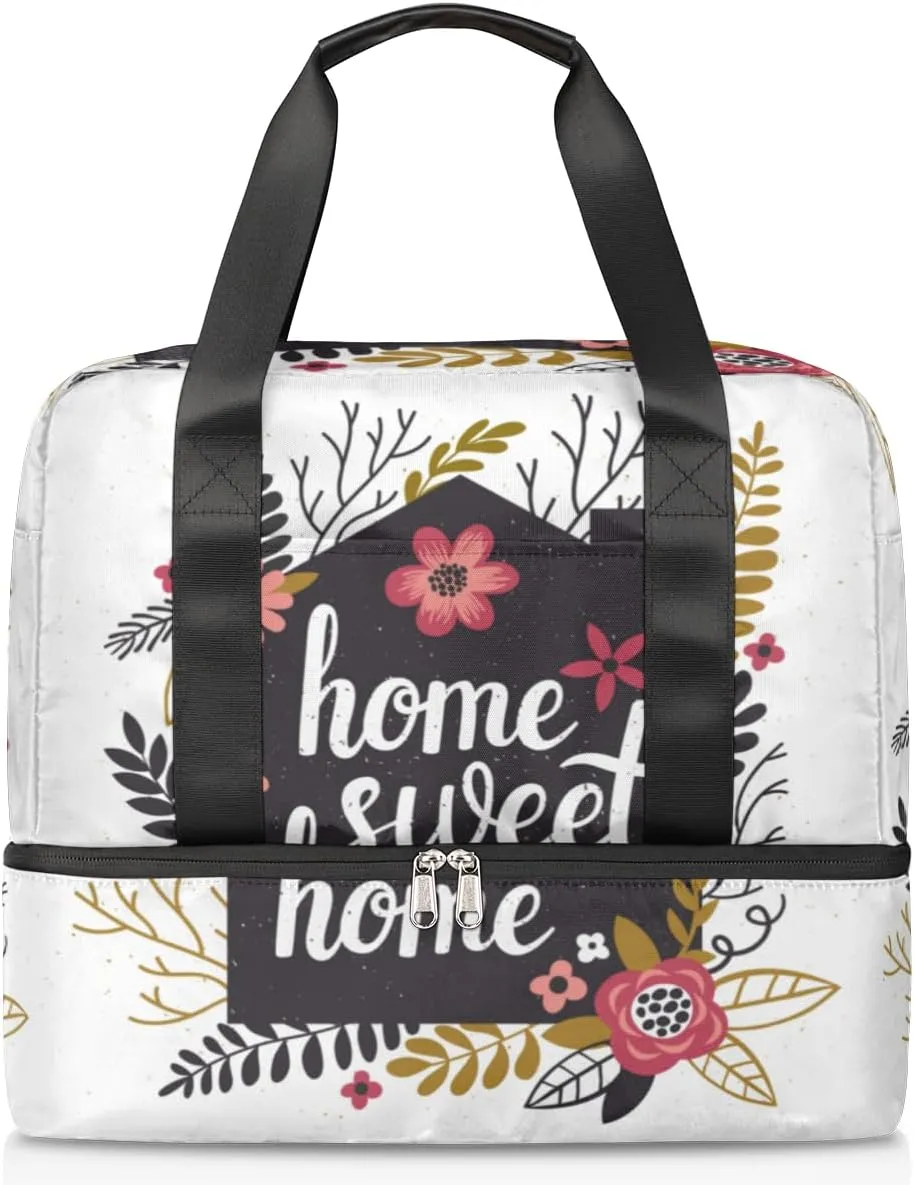 Tropic Floral Quote Home Travel Bag Double Tier Zip Closure Weekender Bag with Leather Handle Waterproof Sports Tote Gym Bag for Swim Beach Gym Yoga