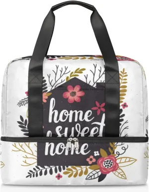 Tropic Floral Quote Home Travel Bag Double Tier Zip Closure Weekender Bag with Leather Handle Waterproof Sports Tote Gym Bag for Swim Beach Gym Yoga
