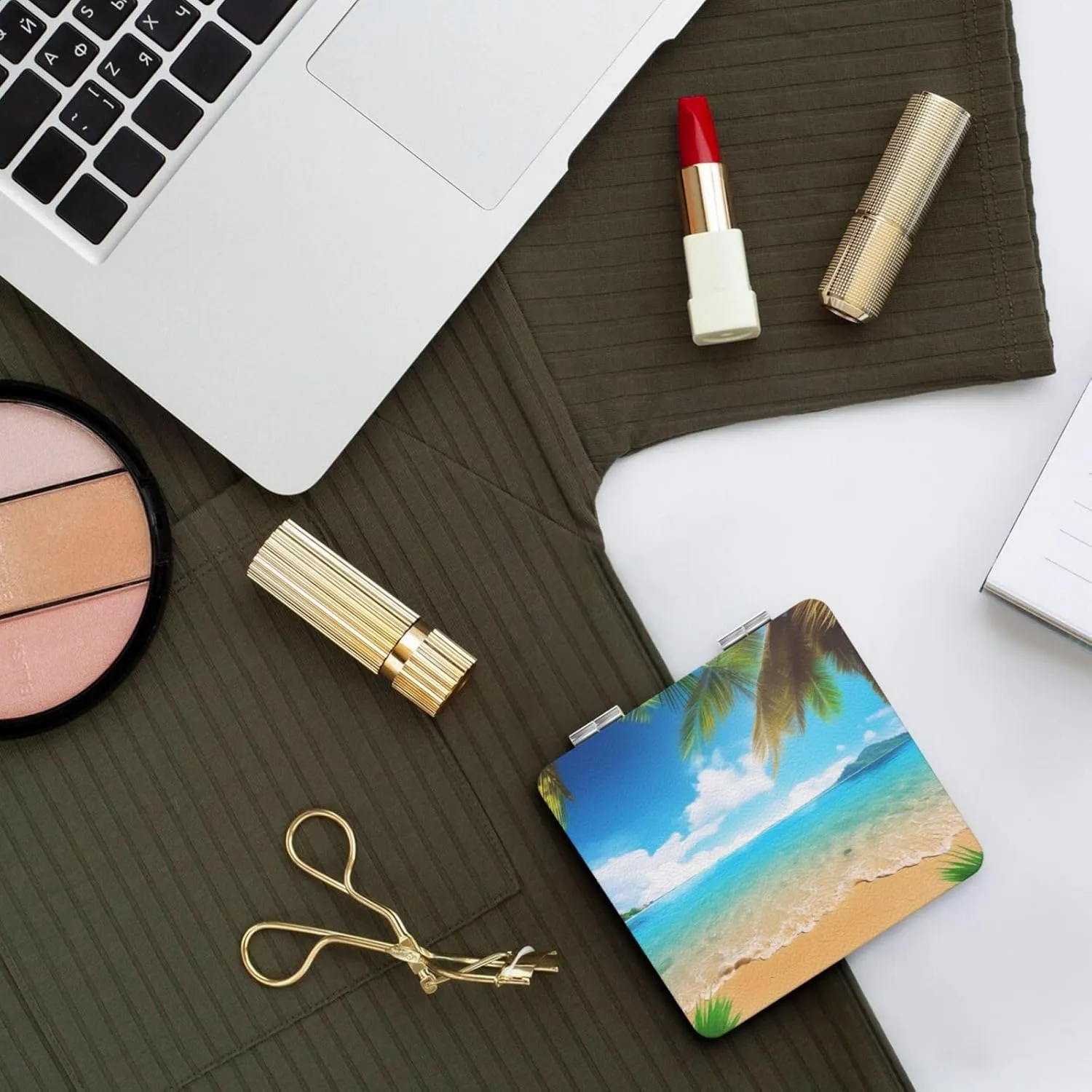 Tropical Beach Palm Theme Printed Square Pocket Makeup Mirror with 1X/2X Magnification, Portable Mini Travel Makeup Mirror for Travel Daily Work Beauty