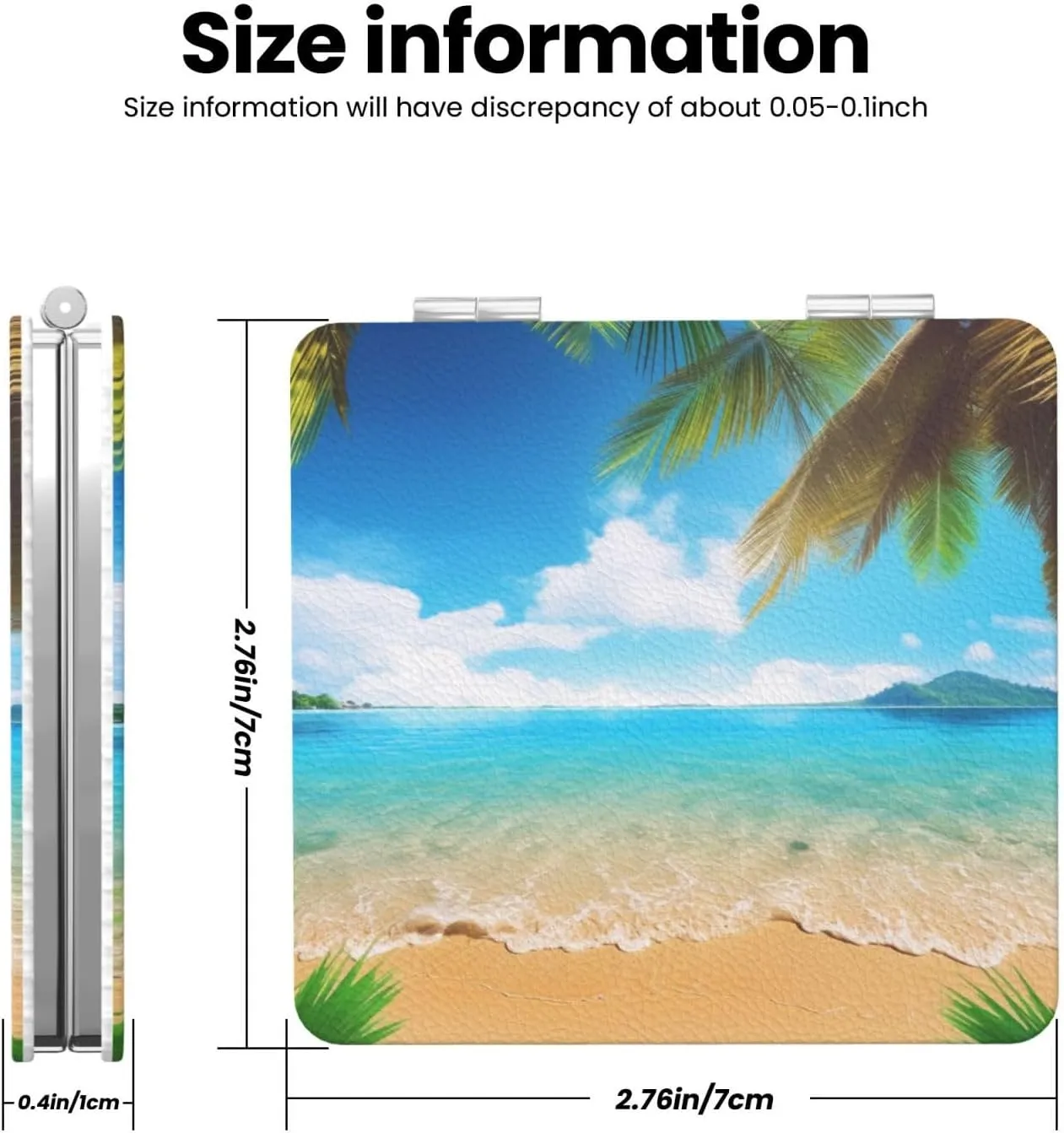 Tropical Beach Palm Theme Printed Square Pocket Makeup Mirror with 1X/2X Magnification, Portable Mini Travel Makeup Mirror for Travel Daily Work Beauty