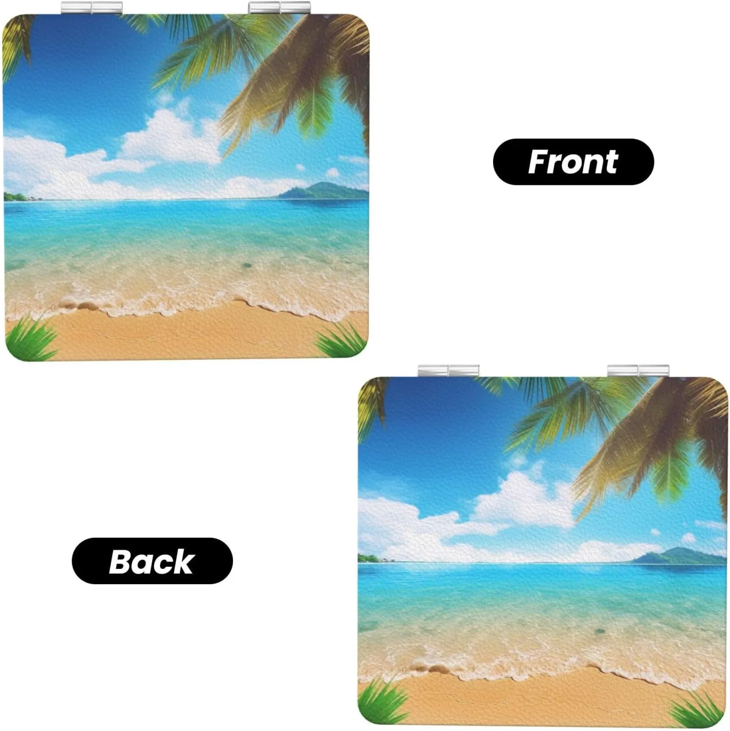 Tropical Beach Palm Theme Printed Square Pocket Makeup Mirror with 1X/2X Magnification, Portable Mini Travel Makeup Mirror for Travel Daily Work Beauty