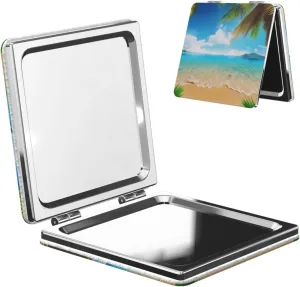 Tropical Beach Palm Theme Printed Square Pocket Makeup Mirror with 1X/2X Magnification, Portable Mini Travel Makeup Mirror for Travel Daily Work Beauty