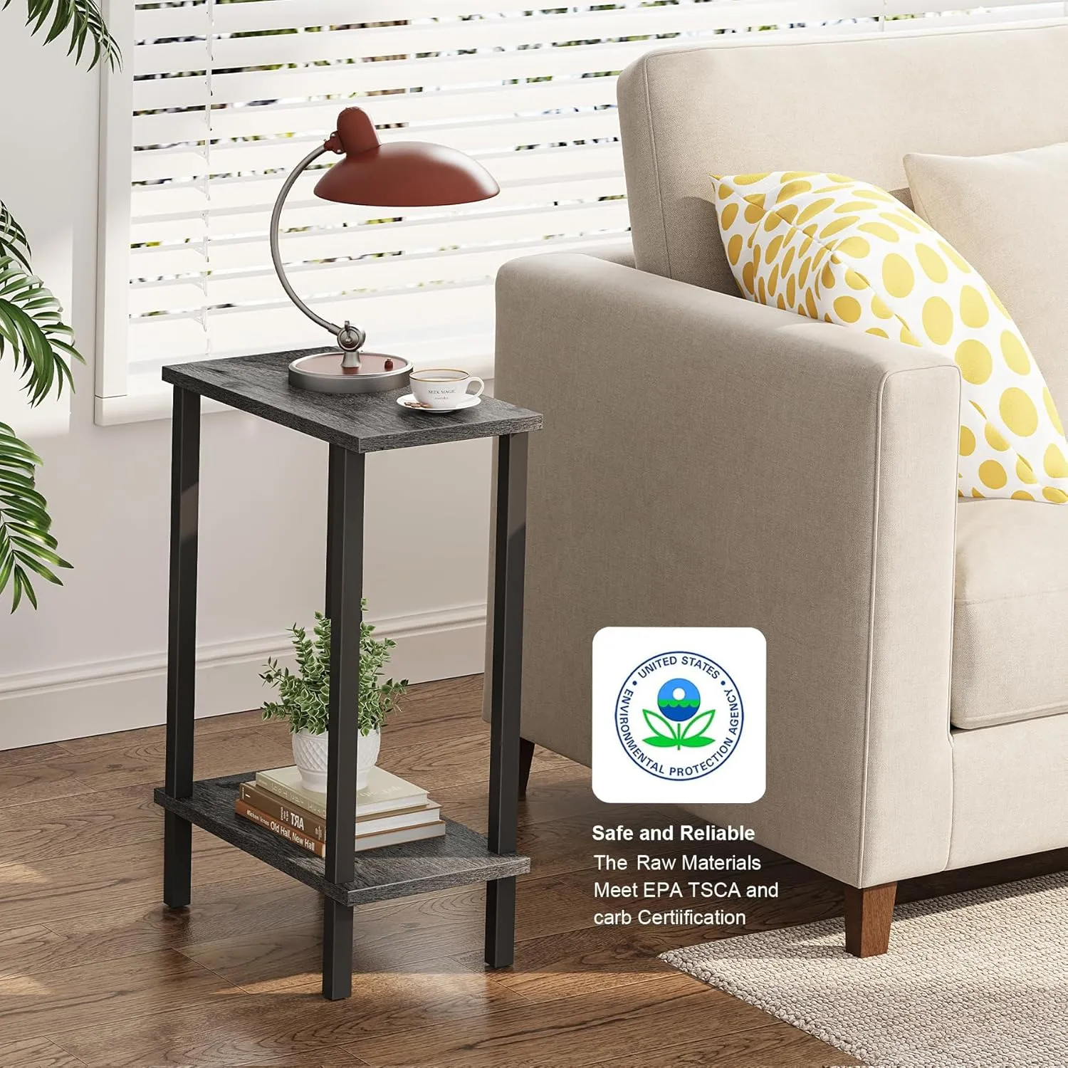 TUTOTAK Small Side Table, Narrow End Table, Skinny Sofa Table, Slim Nightstand, Couch Table, Living Room, Bed Room, Charcoal Grey TB01BY062