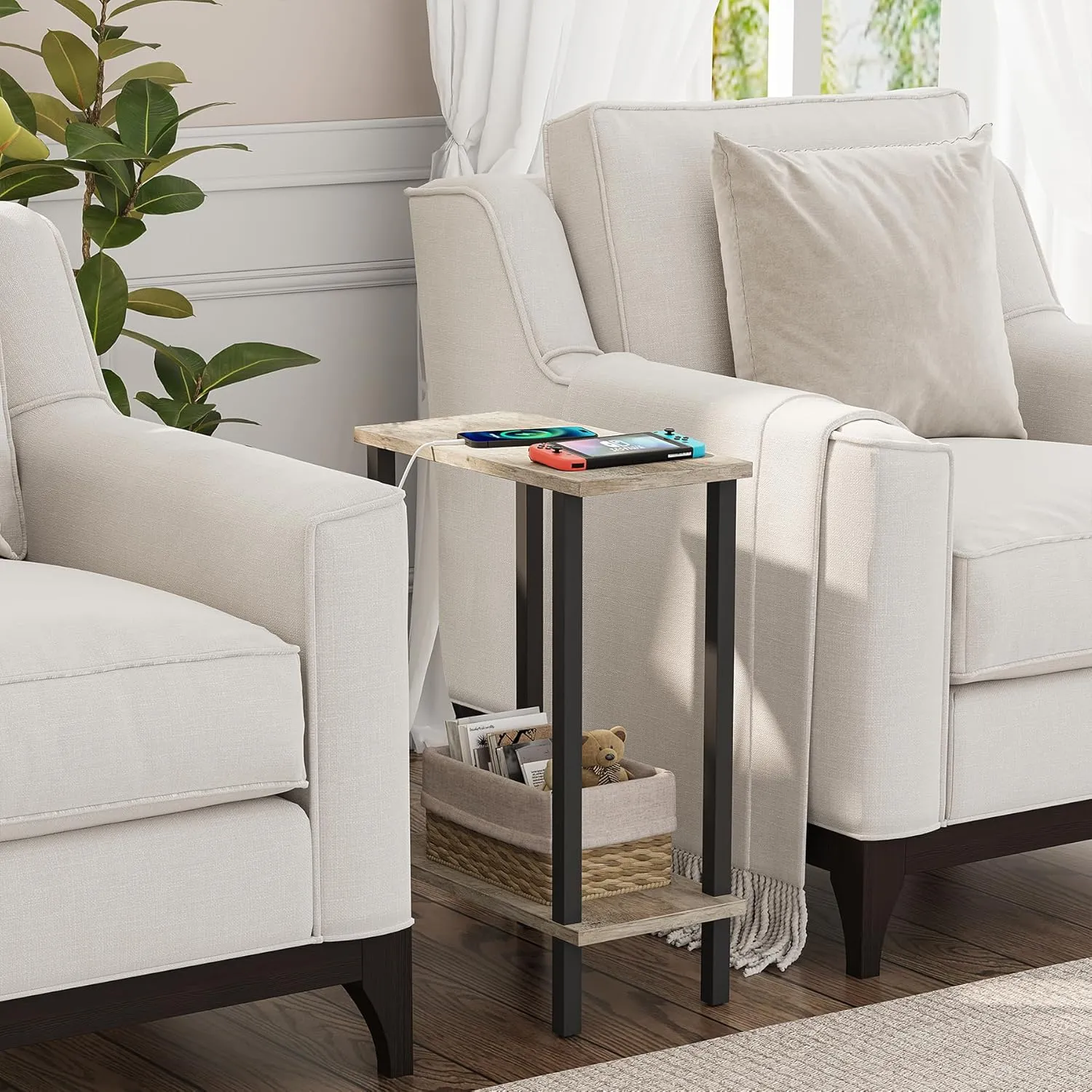 TUTOTAK Small Side Table, Narrow End Table, Skinny Sofa Table, Slim Nightstand, Couch Table, Living Room, Bed Room, Greige TB01BG062