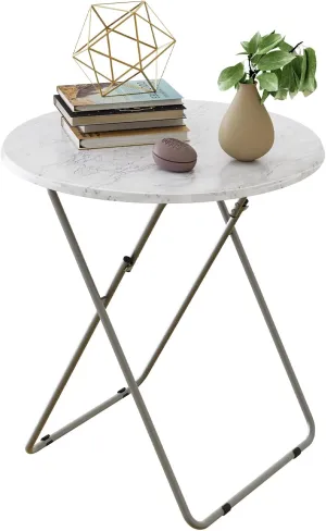 Tv Trays Folding Tray Table Dinner Tray Table Round, Snack Eating Trays Table for Living Room with No Assembly Required&Sturdy, 17.5 x 17.5 x 26 in(White Marble)