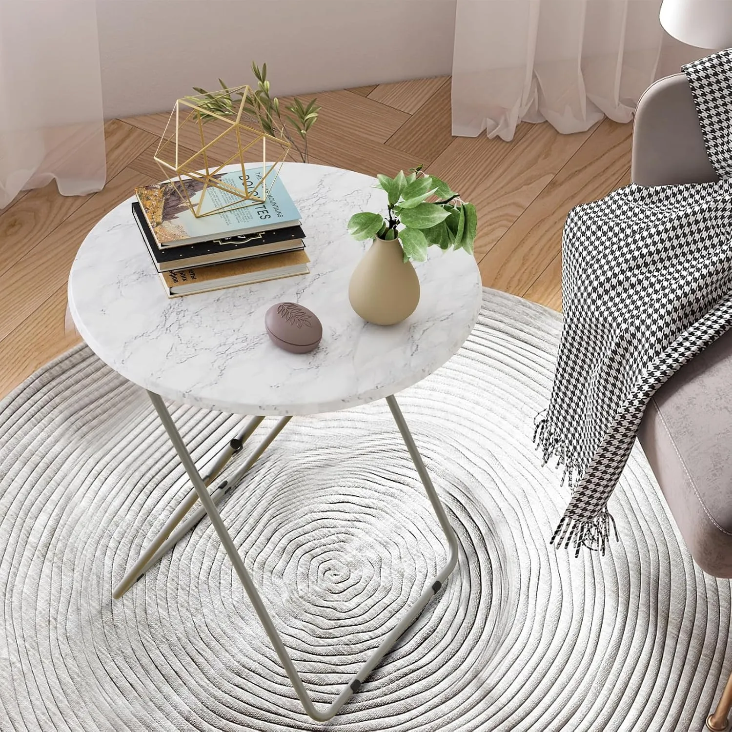 Tv Trays Folding Tray Table Dinner Tray Table Round, Snack Eating Trays Table for Living Room with No Assembly Required&Sturdy, 17.5 x 17.5 x 26 in(White Marble)