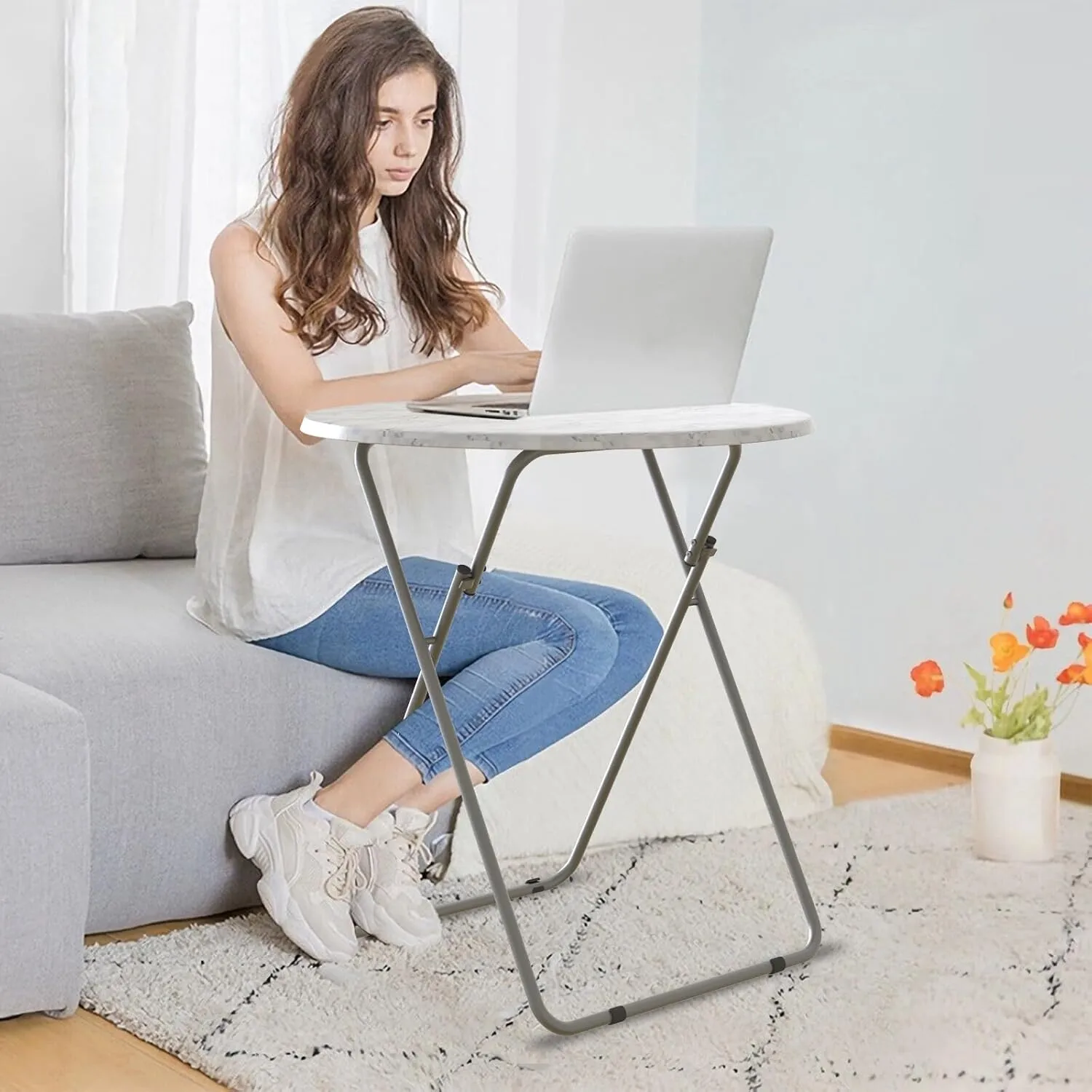 Tv Trays Folding Tray Table Dinner Tray Table Round, Snack Eating Trays Table for Living Room with No Assembly Required&Sturdy, 17.5 x 17.5 x 26 in(White Marble)
