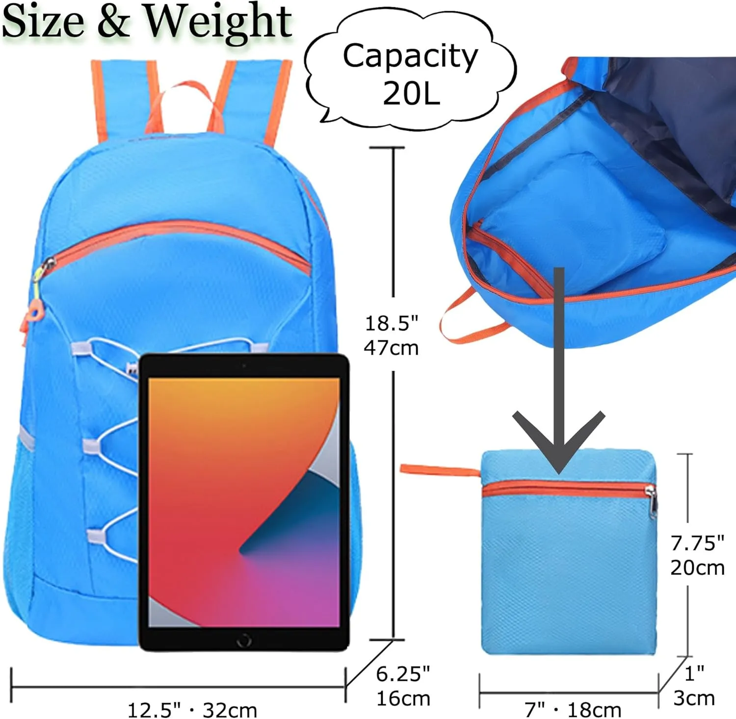 TWO KAT Lightweight Packable Hiking Backpack 20L Bottle Holder, Water Resistant Daypack, Foldable Bags Travel Camping Outdoor (Blue)