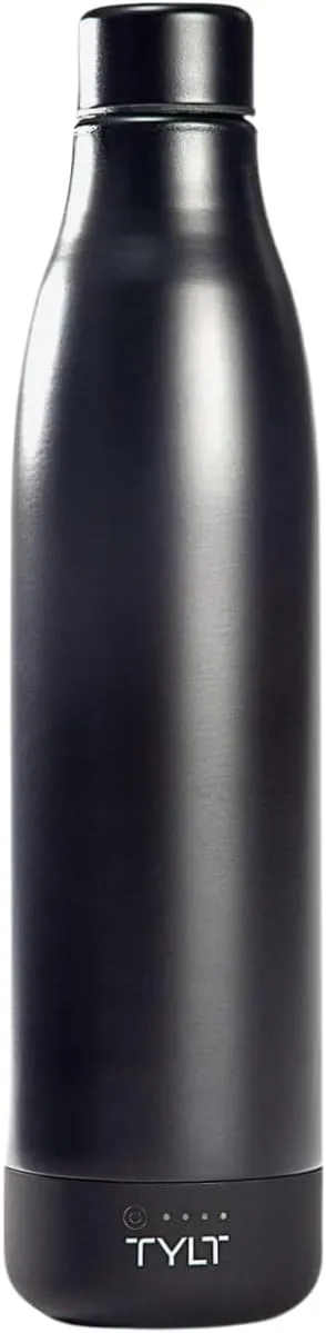 TYLT All-in-One 17oz Stainless Steel Water Bottle & 5700 MAH Portable Power Bank, Dishwasher Safe, Black