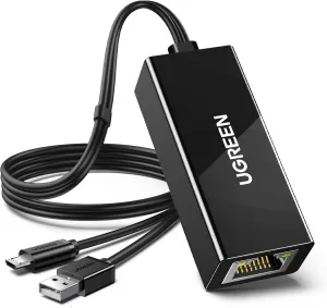 UGREEN Ethernet Adapter for Fire TV Stick, Micro USB to Ethernet Adapter with 3.3 ft Cable & Power Cord, Compatible for Fire Stick Basic/2nd/4k/Lite, Chromecast 1/2/3/Ultra/Audio, Plug & Play, 100Mbps