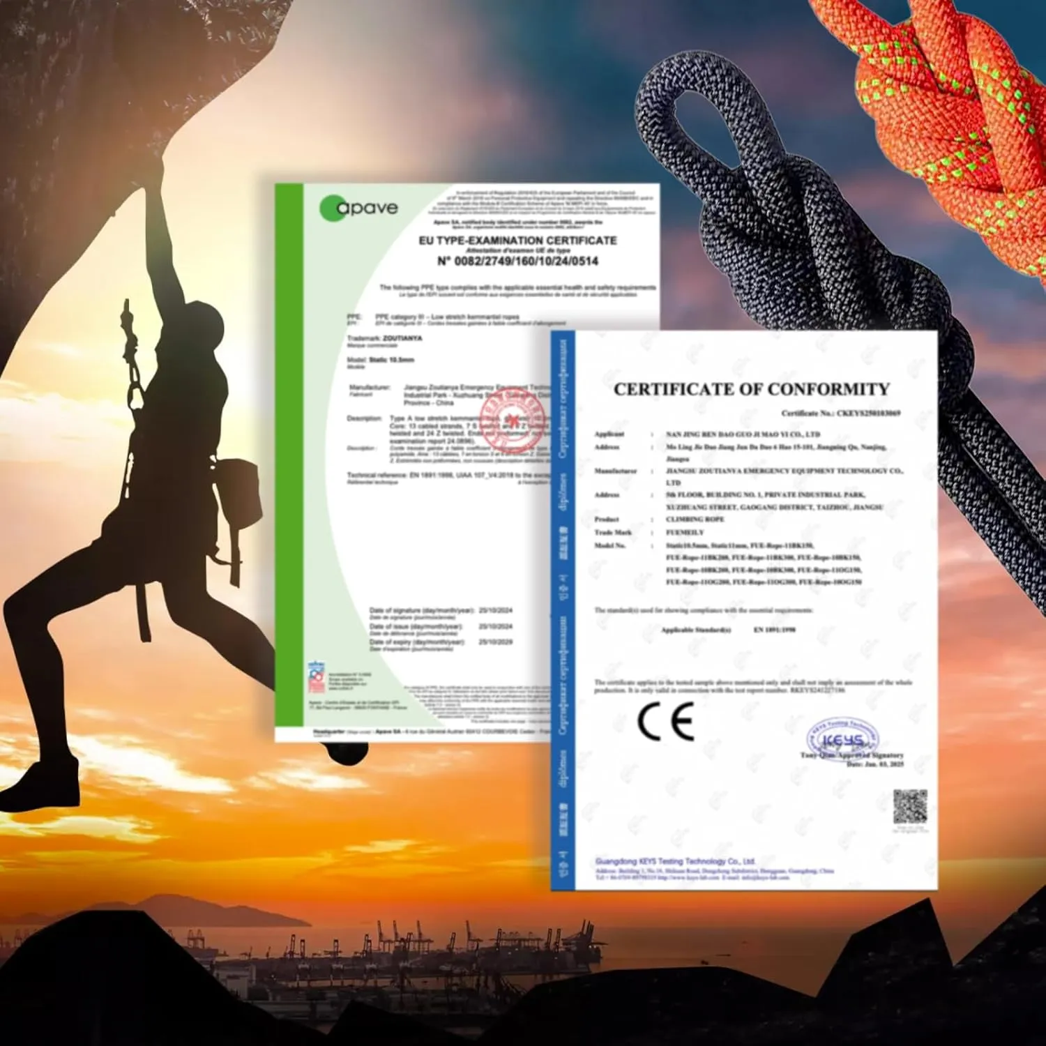 UIAA Static Climbing Rope 10.5mm, 60M(200FT) Nylon Kernmantle Rappelling Rope for Survival Rescue Cord Rock Mountaineering Climbing Hauling