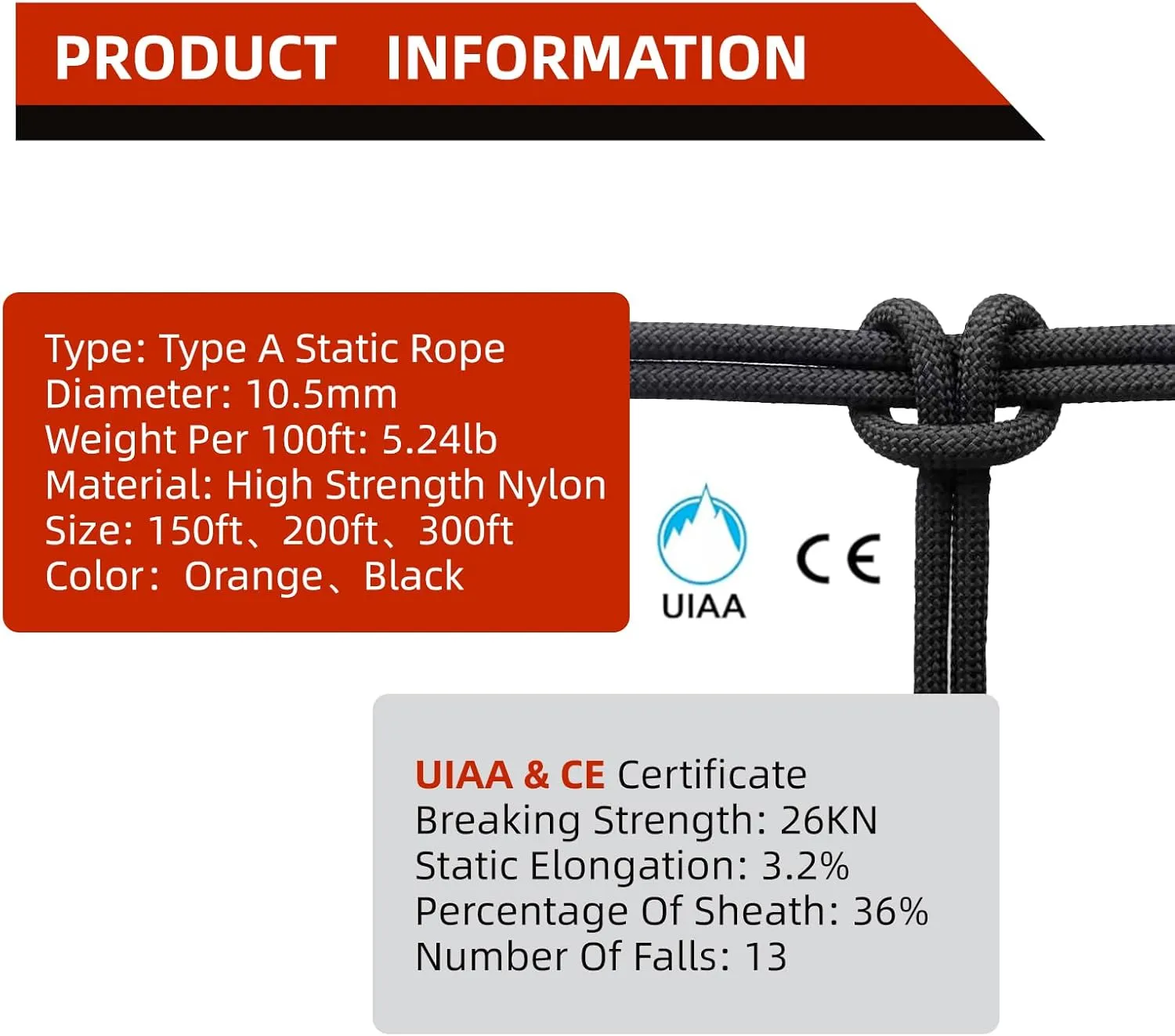 UIAA Static Climbing Rope 10.5mm, 60M(200FT) Nylon Kernmantle Rappelling Rope for Survival Rescue Cord Rock Mountaineering Climbing Hauling