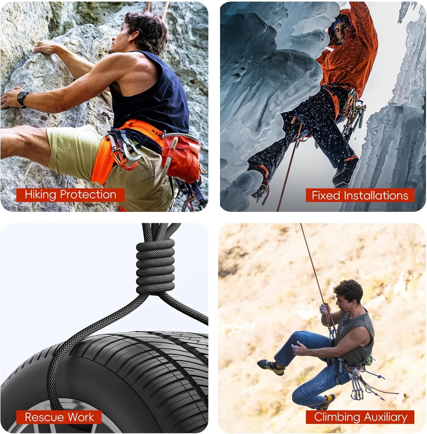 UIAA Static Climbing Rope 10.5mm, 60M(200FT) Nylon Kernmantle Rappelling Rope for Survival Rescue Cord Rock Mountaineering Climbing Hauling
