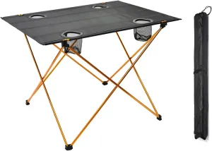 Ultra-Light Aluminum Alloy Camping Table Folding Beach Portable Table Outdoor Backpacking Roll Up Desk Furniture with Cup Holders,Orange