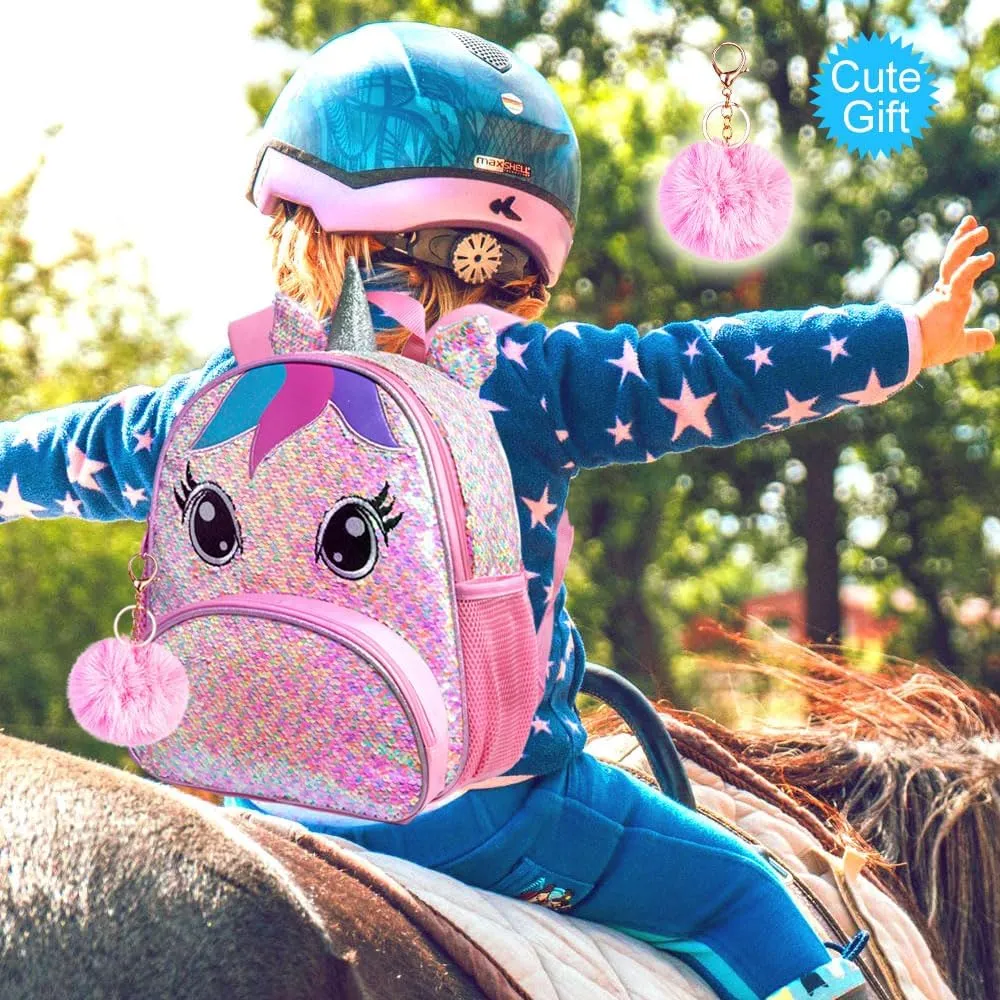 Unicorn Backpack for Girls, Toddler Sequin Preschool Bookbag, 12" Cute Cartoon Animal Schoolbag