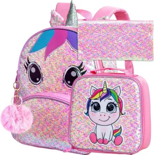 Unicorn Backpack for Girls, Toddler Sequin Preschool Bookbag, 12" Cute Cartoon Animal Schoolbag