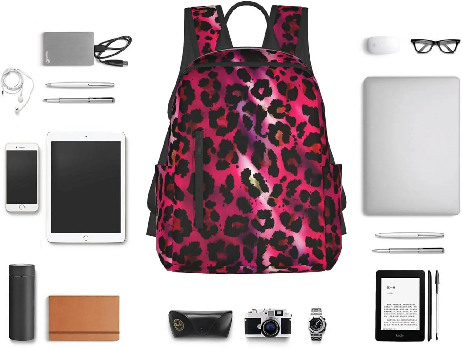 Unisex Backpack Casual Rucksack Big Capacity hot pink Tie Dye Leopard Cheetah Print Bookbag with Padded Straps Anti Theft Rucksack for Travel Hiking Camping