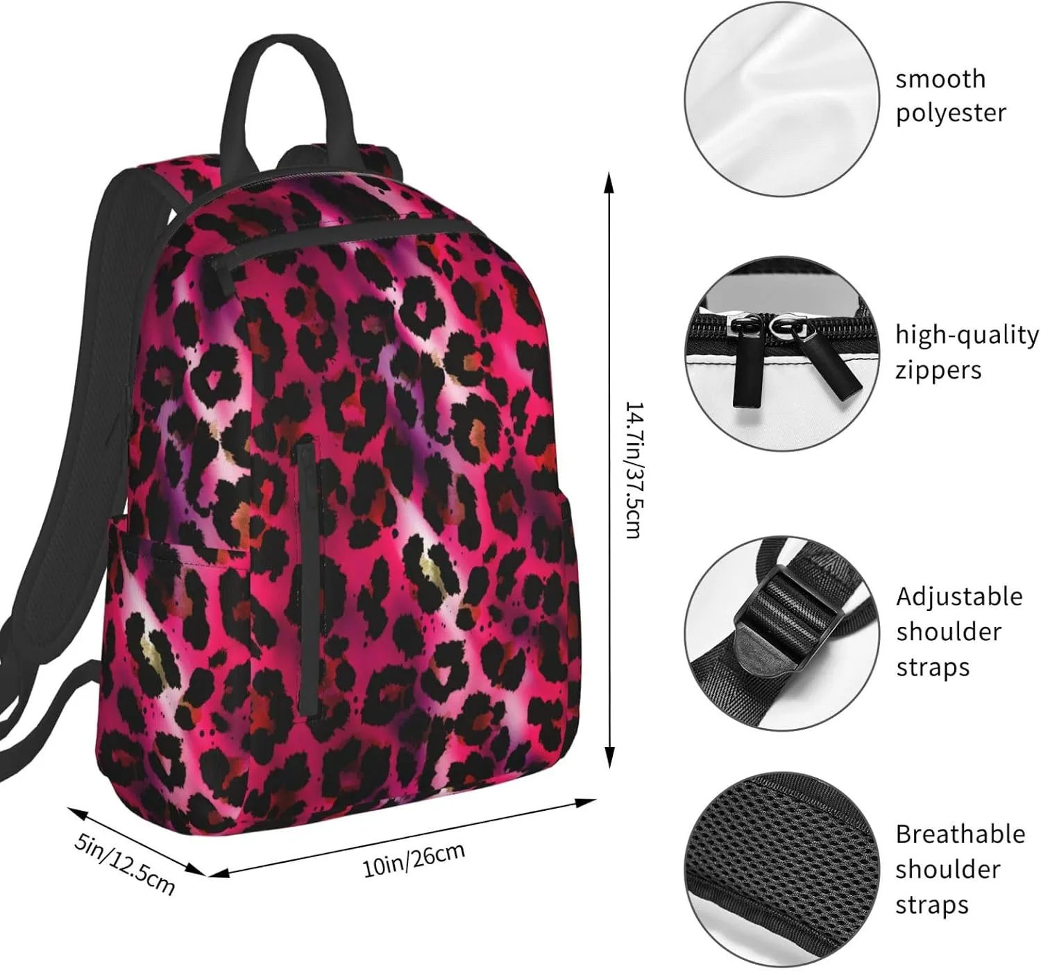 Unisex Backpack Casual Rucksack Big Capacity hot pink Tie Dye Leopard Cheetah Print Bookbag with Padded Straps Anti Theft Rucksack for Travel Hiking Camping