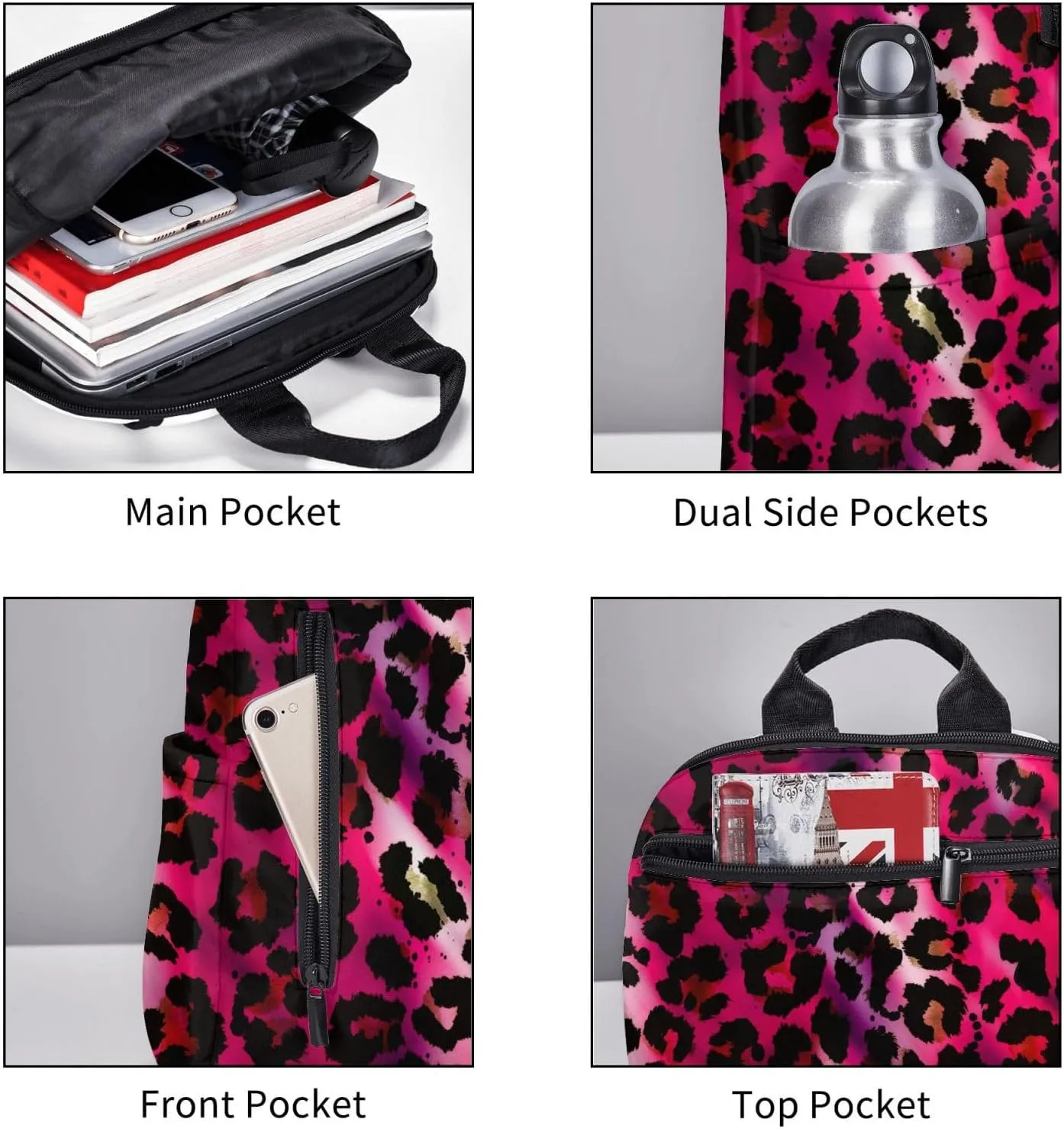 Unisex Backpack Casual Rucksack Big Capacity hot pink Tie Dye Leopard Cheetah Print Bookbag with Padded Straps Anti Theft Rucksack for Travel Hiking Camping