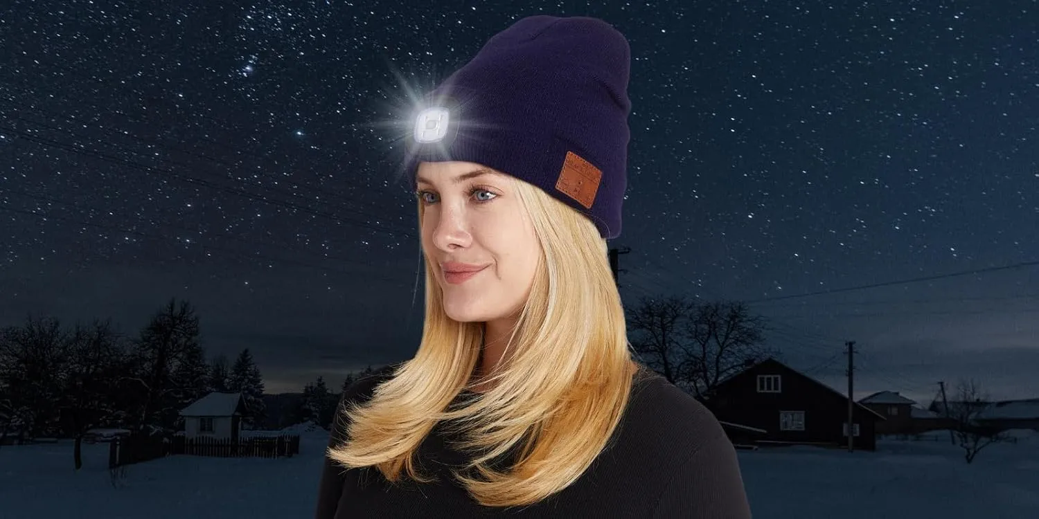 Unisex LED Bluetooth Beanie - LED Headlight and Wireless Stereo Headphones Compatible with All Bluetooth Devices