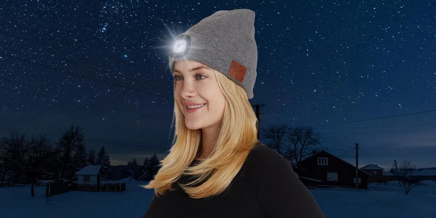 Unisex LED Bluetooth Beanie - LED Headlight and Wireless Stereo Headphones Compatible with All Bluetooth Devices