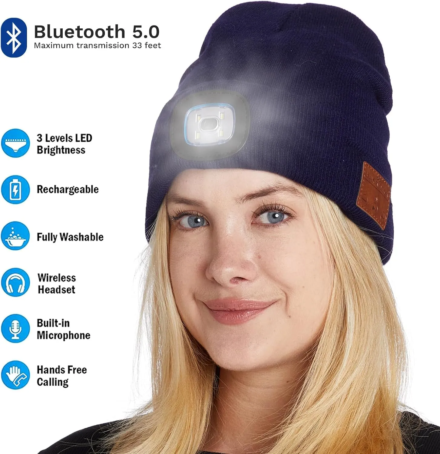 Unisex LED Bluetooth Beanie - LED Headlight and Wireless Stereo Headphones Compatible with All Bluetooth Devices