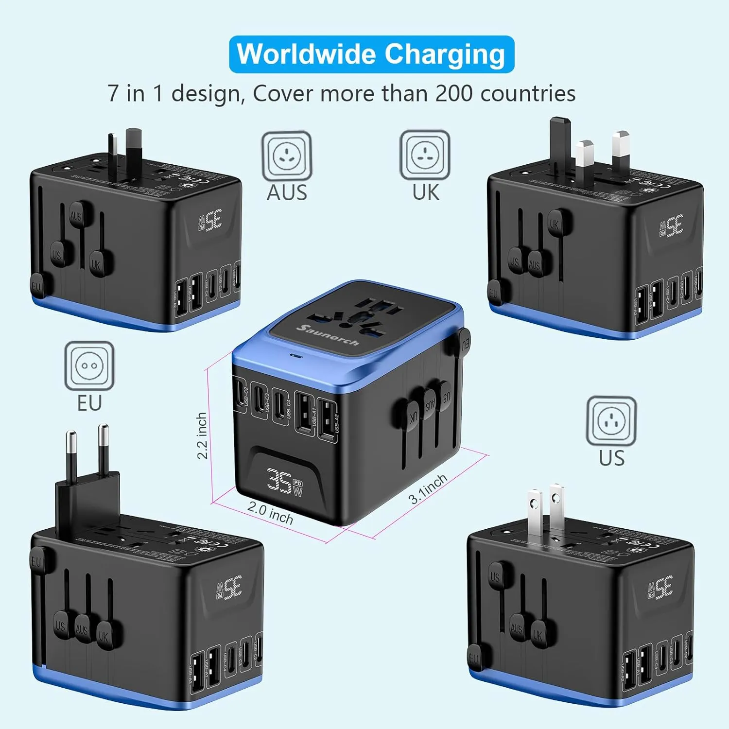 Universal Travel Adapter, PD 35W 7 in 1 International Power Plug Adapter with 7.0A 4 USB-C and 2 USB-A Fast Wall Charger, Worldwide AC Outlet for US Europe UK AUS (Black Blue)
