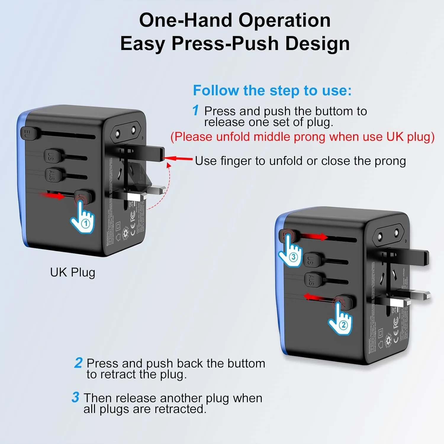 Universal Travel Adapter, PD 35W 7 in 1 International Power Plug Adapter with 7.0A 4 USB-C and 2 USB-A Fast Wall Charger, Worldwide AC Outlet for US Europe UK AUS (Black Blue)