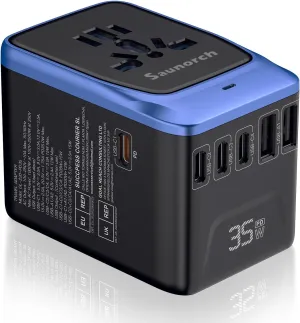 Universal Travel Adapter, PD 35W 7 in 1 International Power Plug Adapter with 7.0A 4 USB-C and 2 USB-A Fast Wall Charger, Worldwide AC Outlet for US Europe UK AUS (Black Blue)