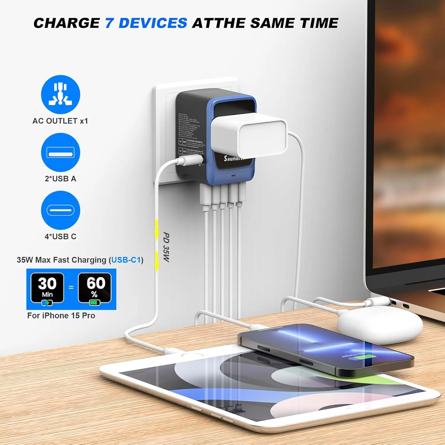 Universal Travel Adapter, PD 35W 7 in 1 International Power Plug Adapter with 7.0A 4 USB-C and 2 USB-A Fast Wall Charger, Worldwide AC Outlet for US Europe UK AUS (Black Blue)